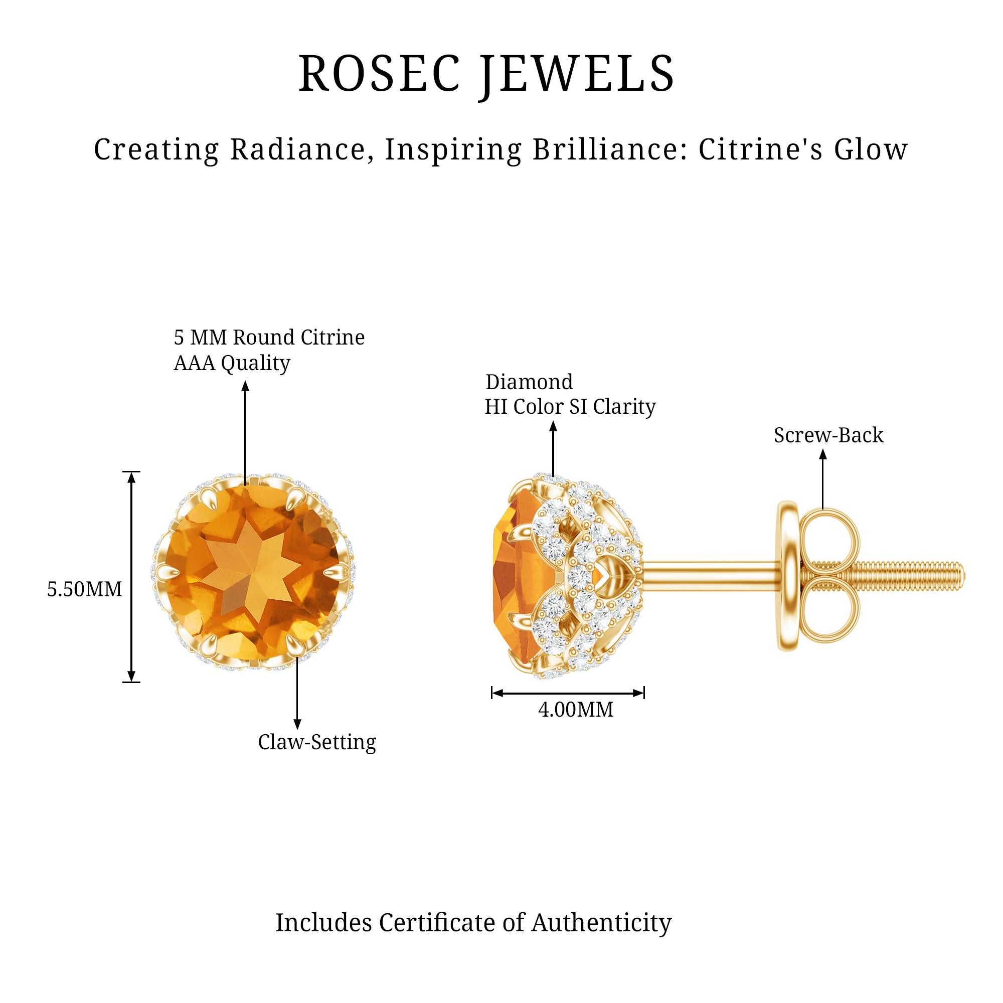 Designer Citrine Diamond Stud Earrings with Screw Back AAA - Rosec Jewels