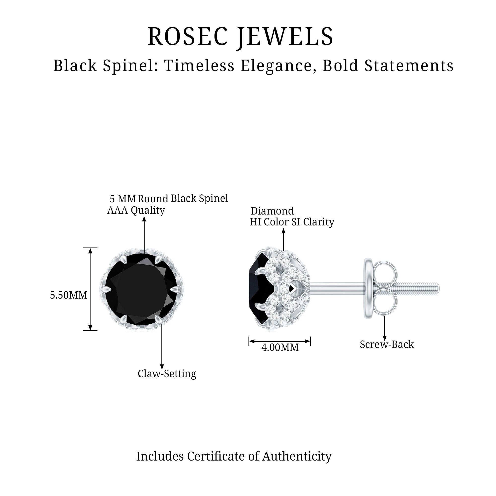 1 Carat Black Spinel Stud Earrings with Diamond Accent AAA - Rosec Jewels