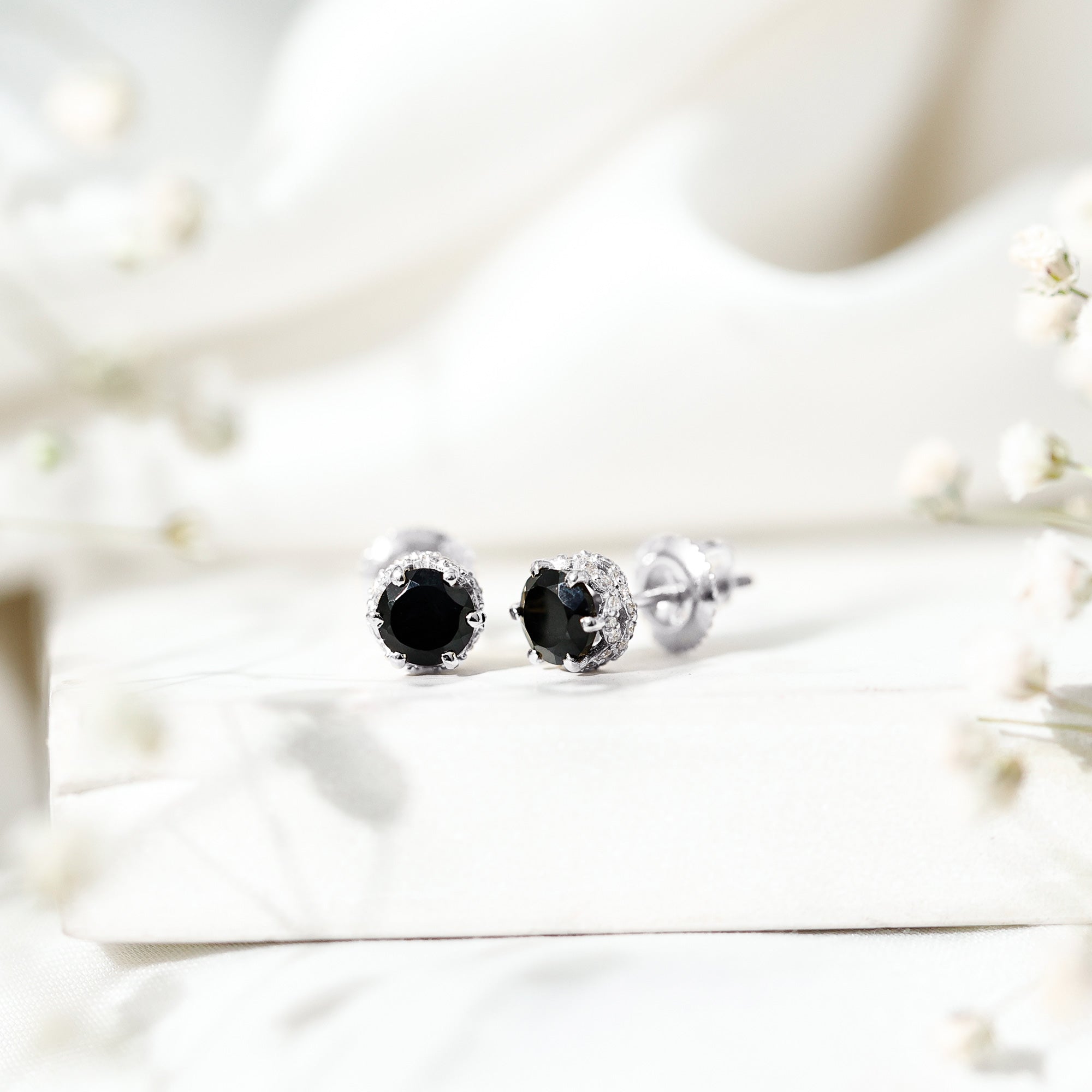 1 Carat Black Spinel Stud Earrings with Diamond Accent AAA - Rosec Jewels