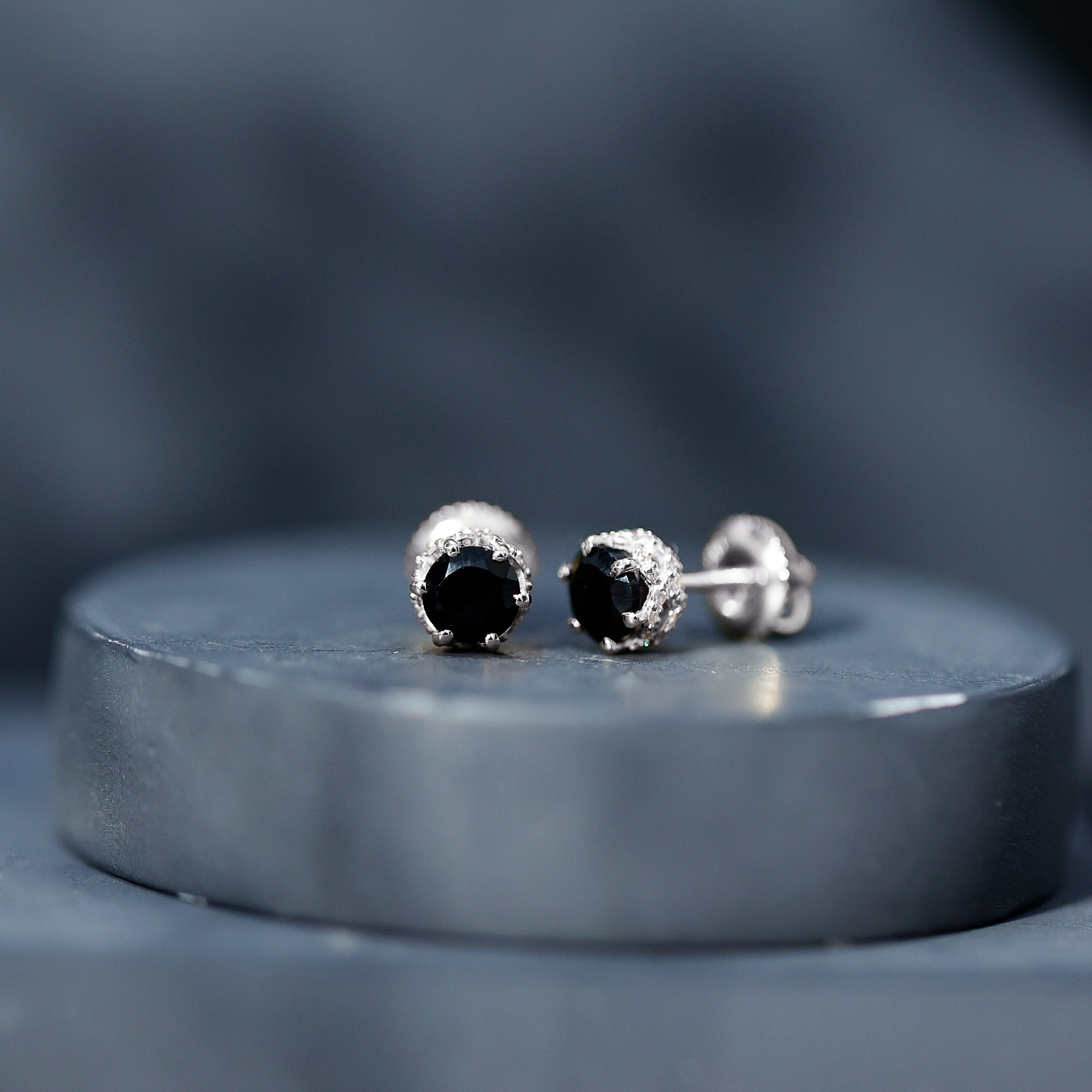 1 Carat Black Spinel Stud Earrings with Diamond Accent AAA - Rosec Jewels