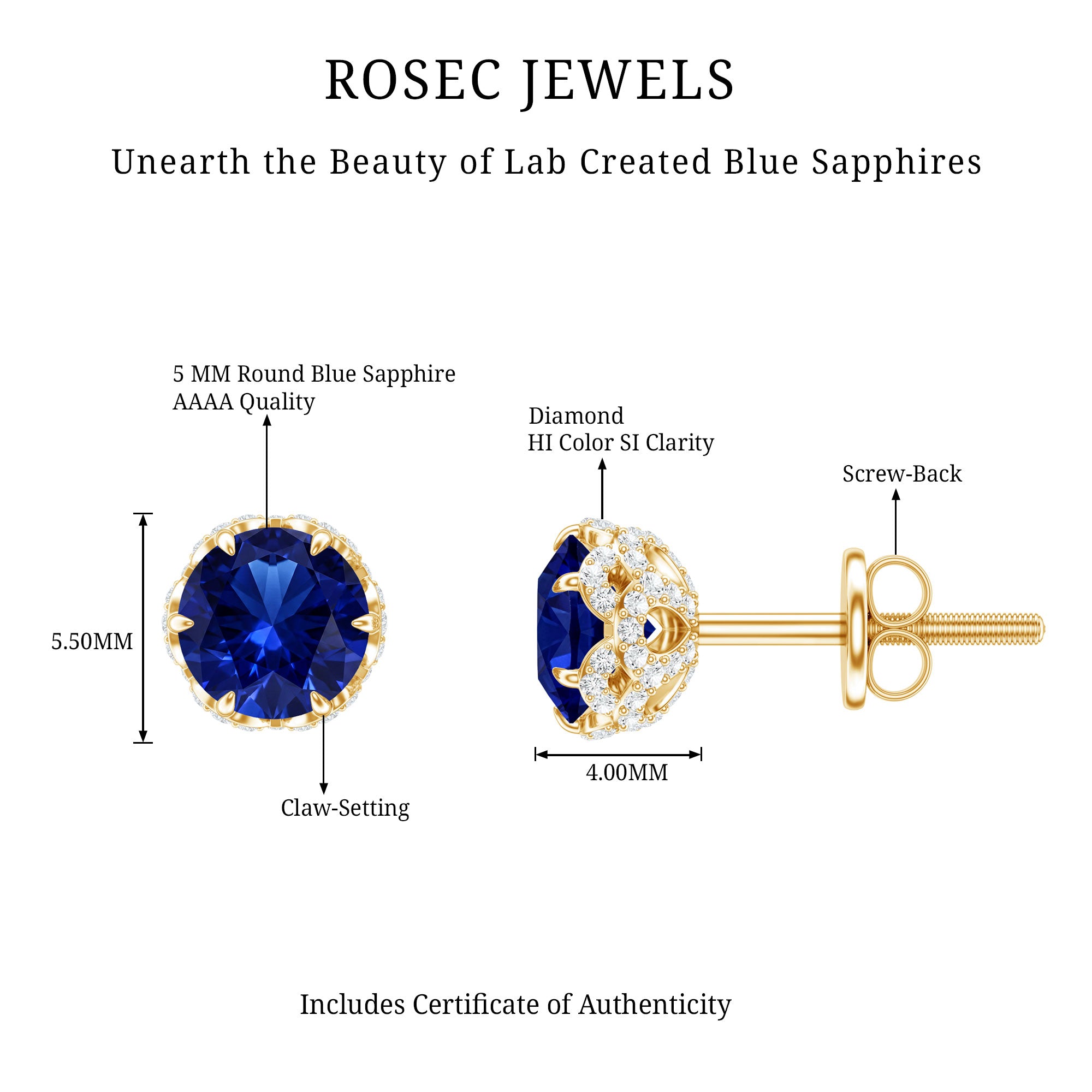 Solitaire Lab Created Blue Sapphire Stud Earrings with Diamonds AAAA - Rosec Jewels