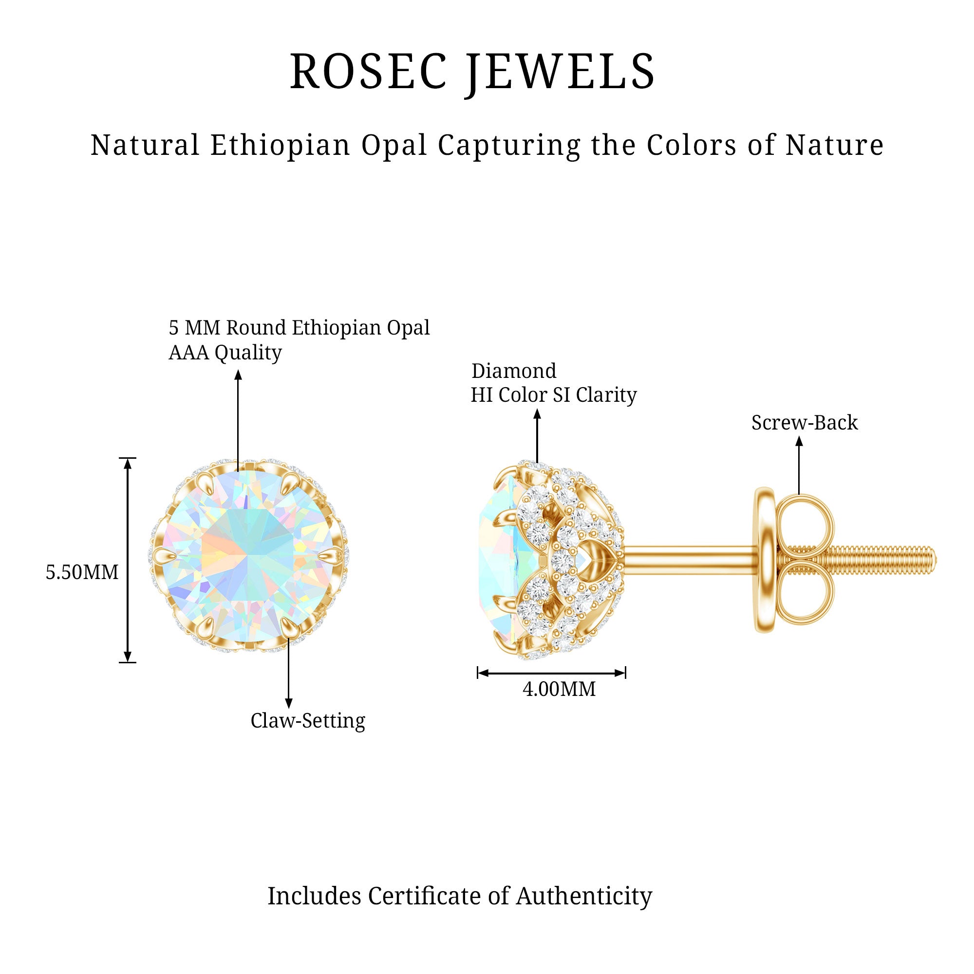 Designer Ethiopian Opal Stud Earrings with Diamond AAA - Rosec Jewels