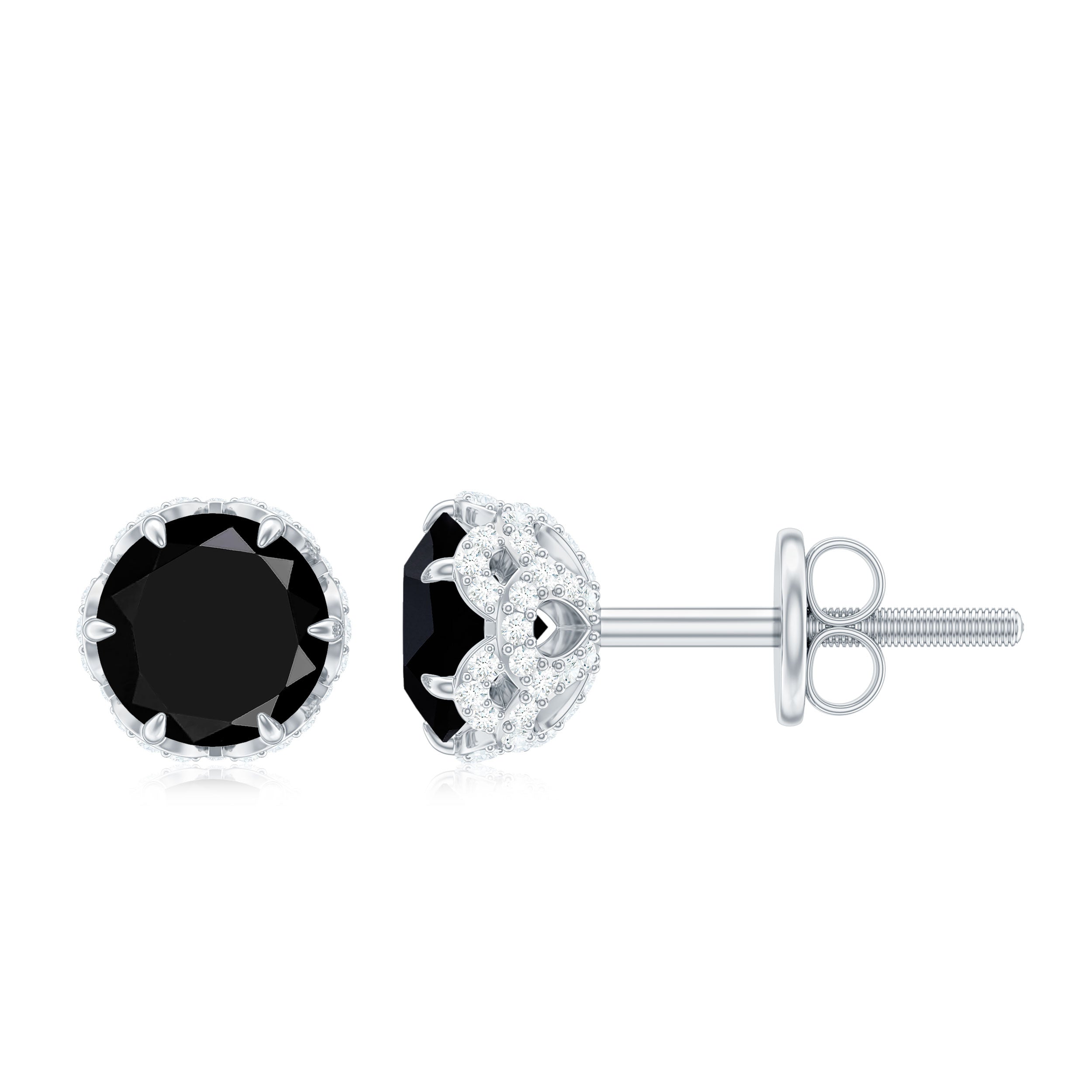 Genuine Black Diamond Floral Stud Earrings with White Diamond