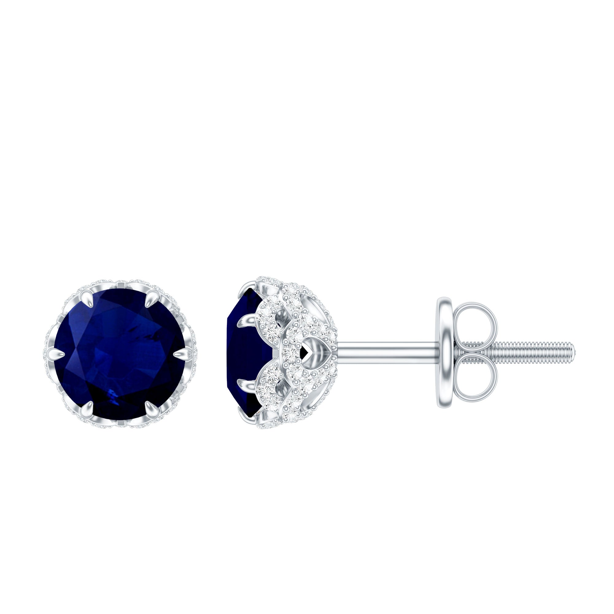 Designer Blue Sapphire Stud Earrings with Diamond AAA - Rosec Jewels