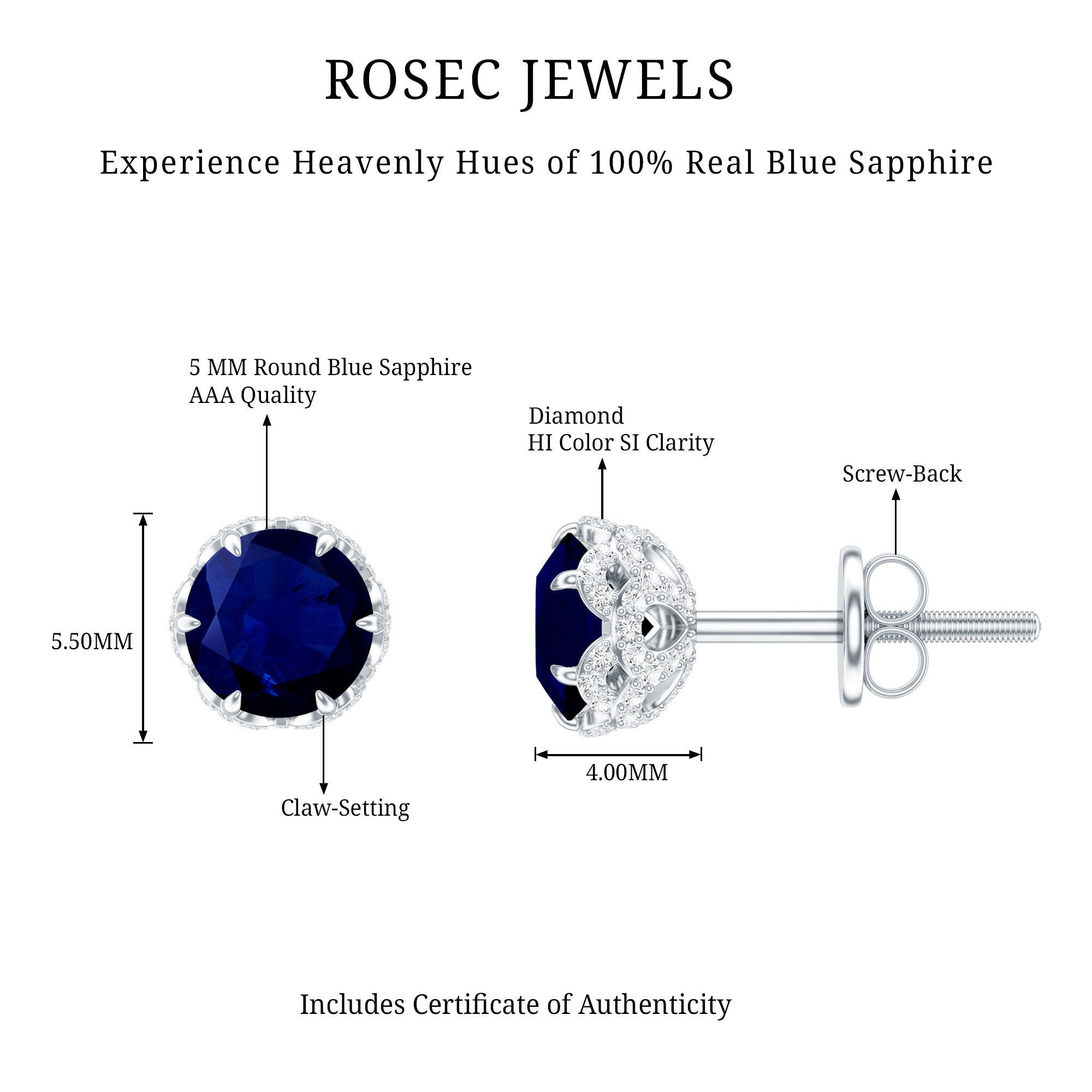 Designer Blue Sapphire Stud Earrings with Diamond AAA - Rosec Jewels