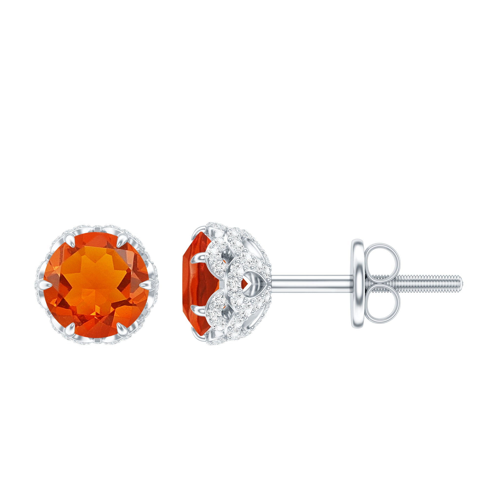 Designer Orange Fire Opal Stud Earrings with Diamond AAA - Rosec Jewels