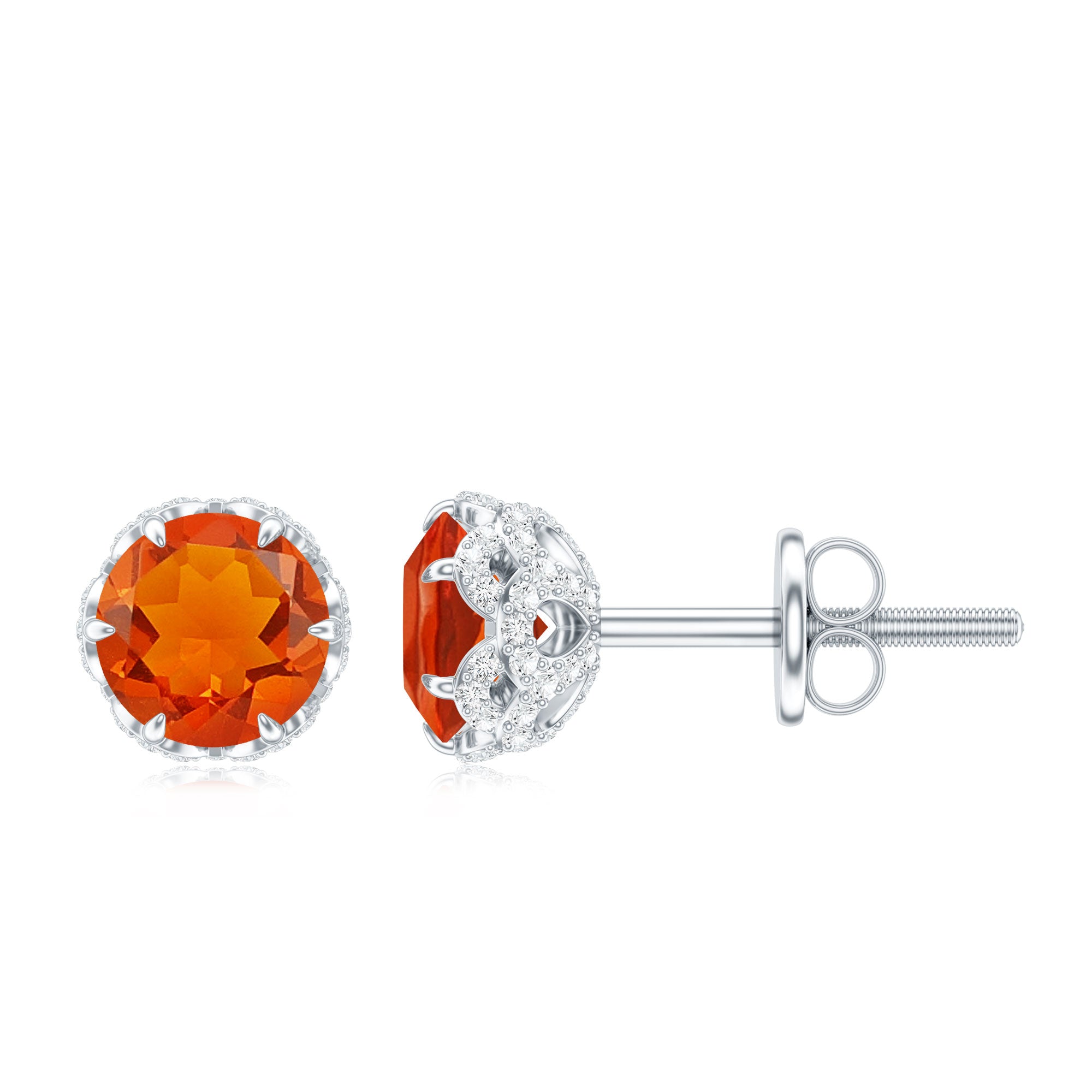 Designer Orange Fire Opal Stud Earrings with Diamond AAA - Rosec Jewels