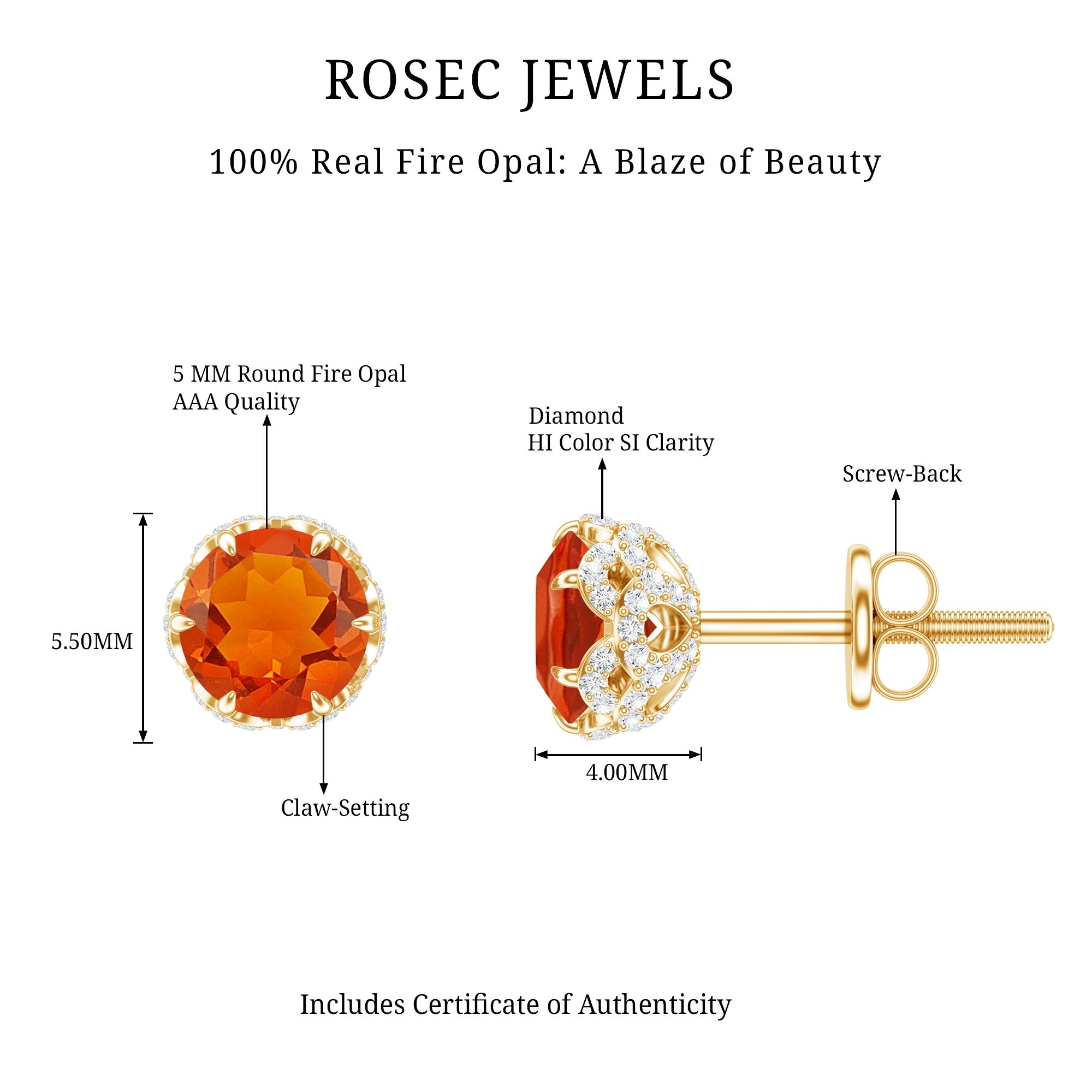 Designer Orange Fire Opal Stud Earrings with Diamond AAA - Rosec Jewels