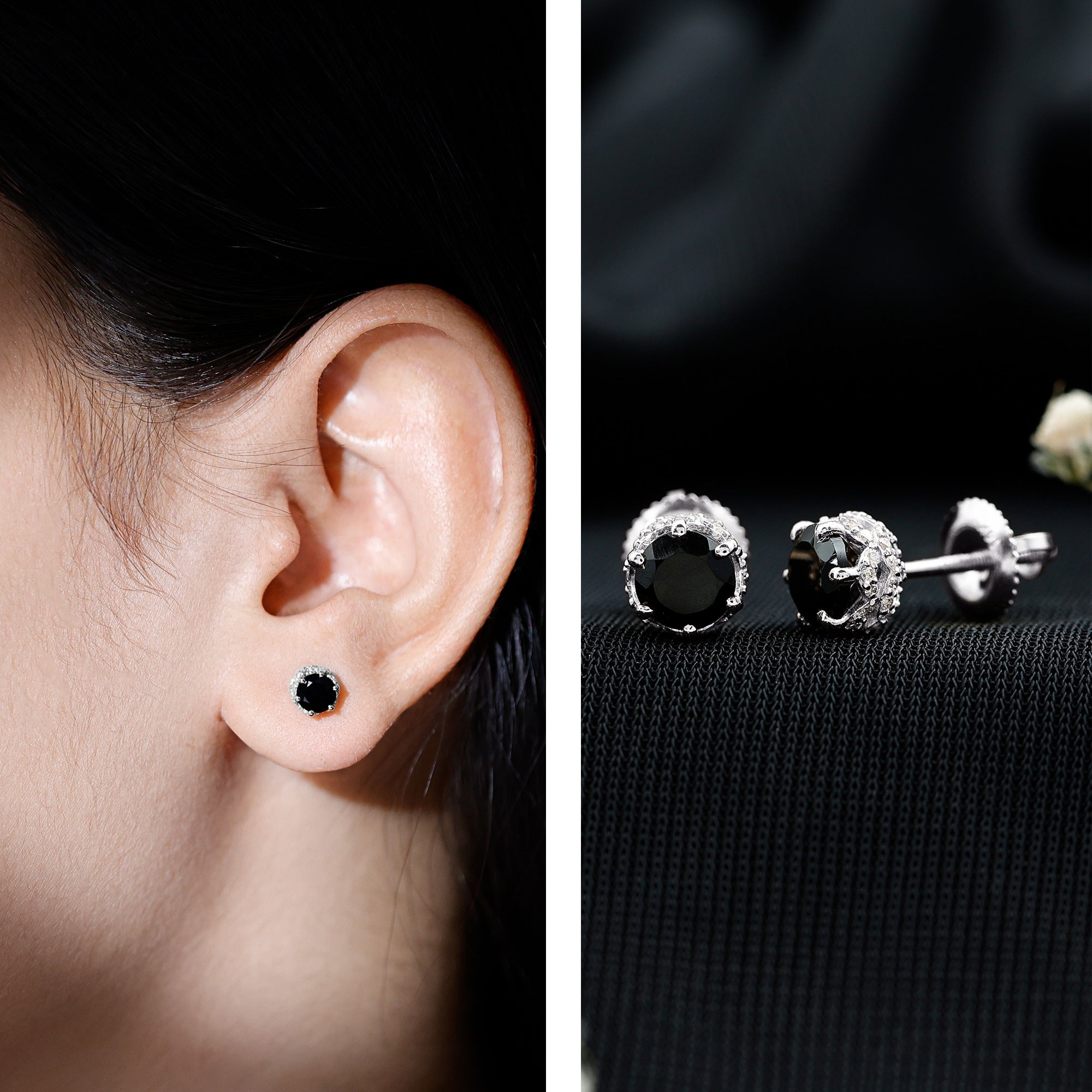 Lab Created Black Diamond Stud Earrings with White Diamonds AAAA ( Synthetic ) - Rosec Jewels
