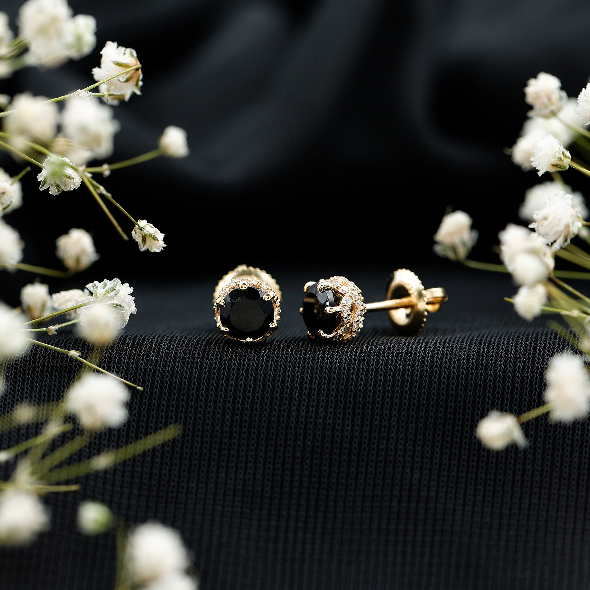 Lab Created Black Diamond Stud Earrings with White Diamonds AAAA ( Synthetic ) - Rosec Jewels