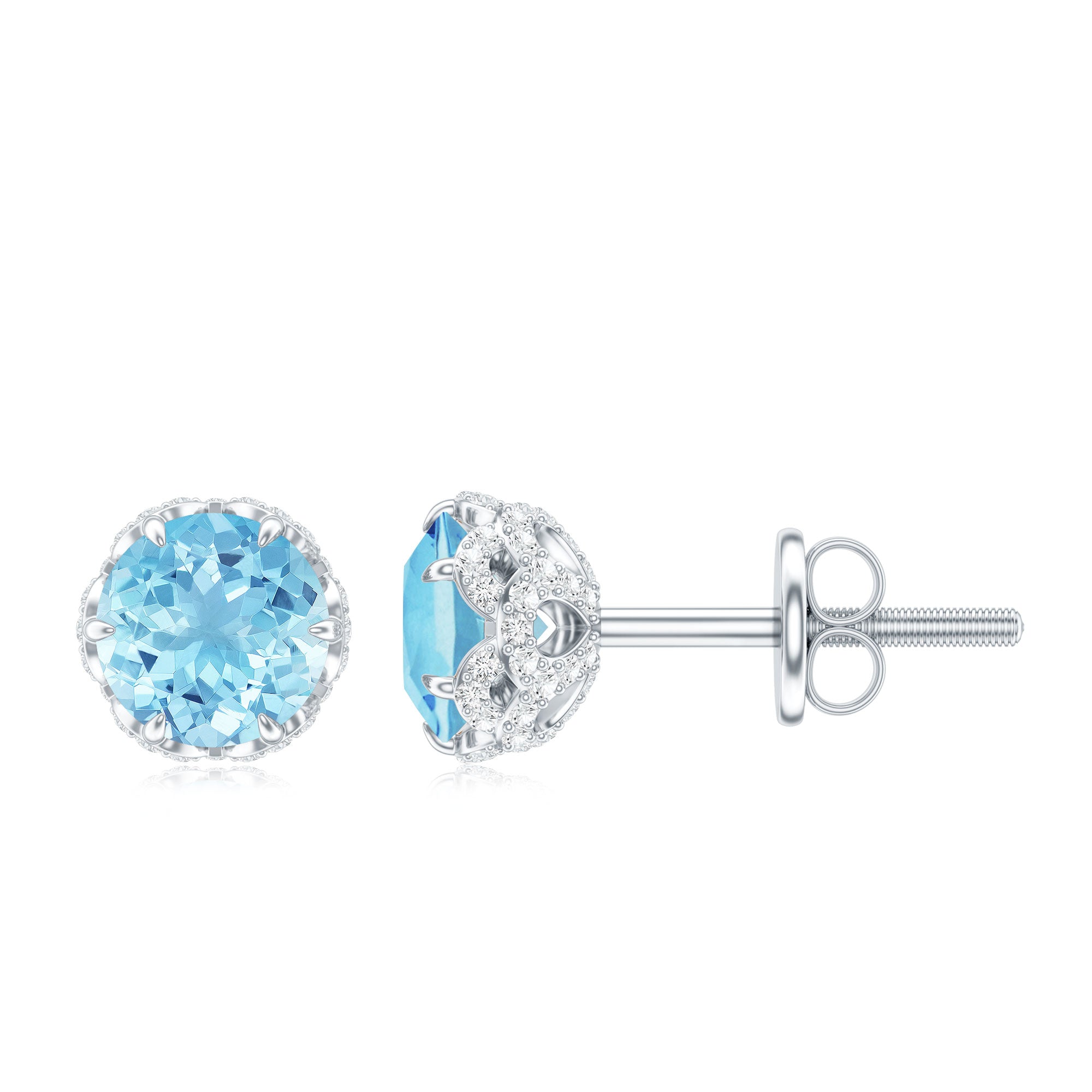 Natural Aquamarine Diamond Floral Stud Earrings with Screw Back AAA - Rosec Jewels
