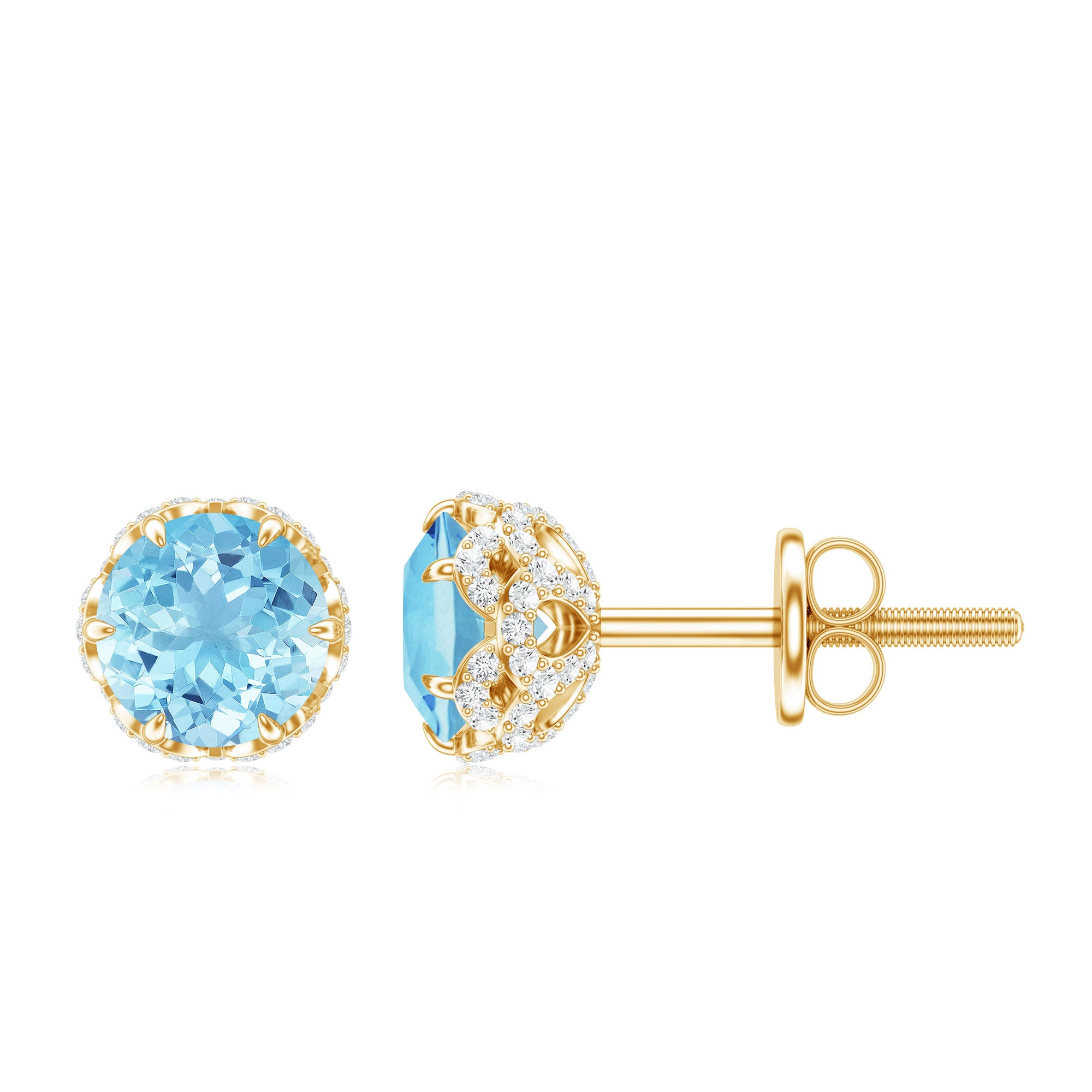 Natural Aquamarine Diamond Floral Stud Earrings with Screw Back AAA - Rosec Jewels