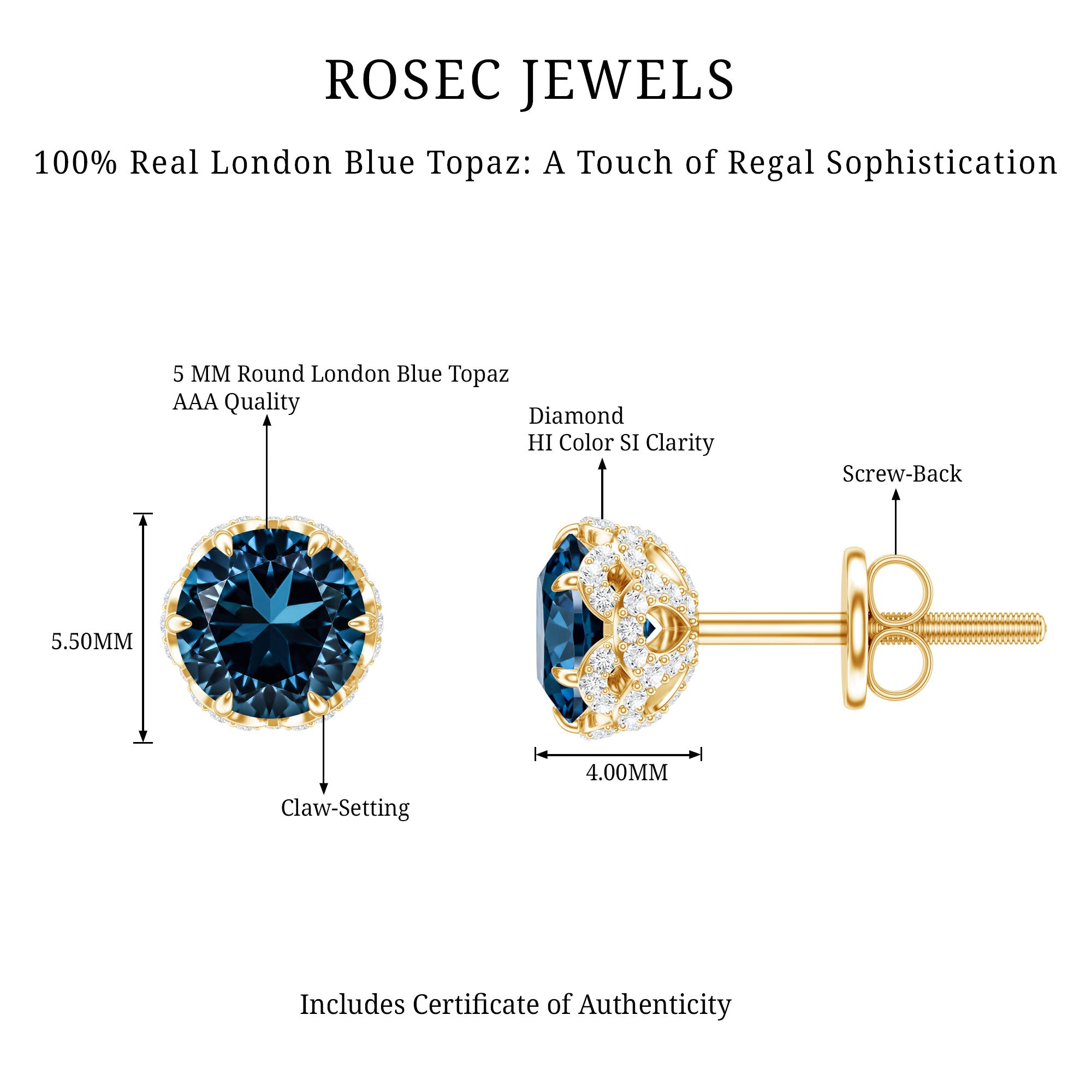 Designer London Blue Topaz Stud Earrings with Diamond AAA - Rosec Jewels