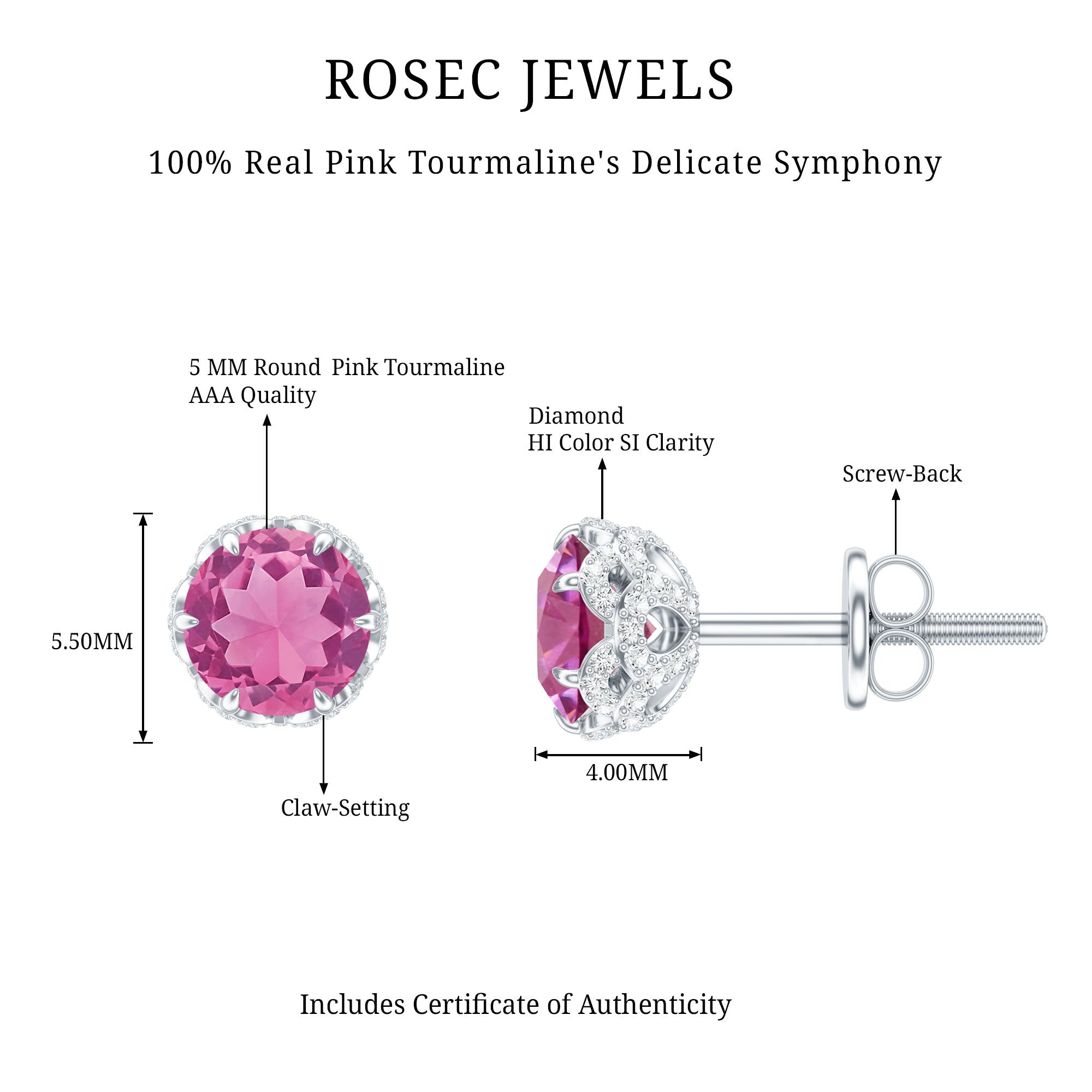 Designer 0.9 Carat Pink Tourmaline Stud Earrings with Diamond AAA - Rosec Jewels