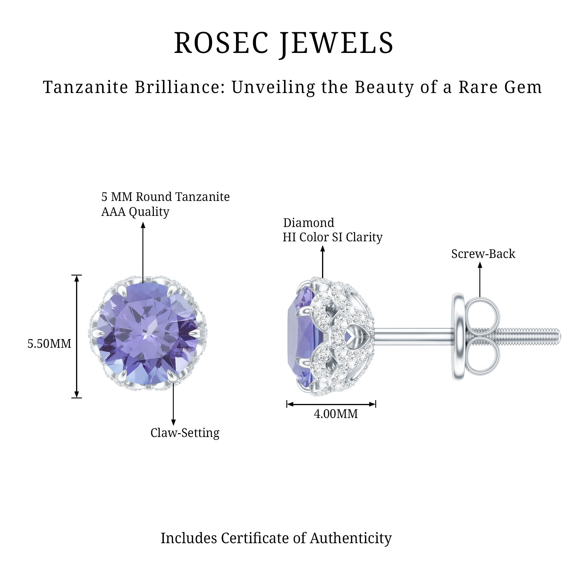 1 Carat Tanzanite Designer Stud Earrings with Diamond for Women AAA - Rosec Jewels