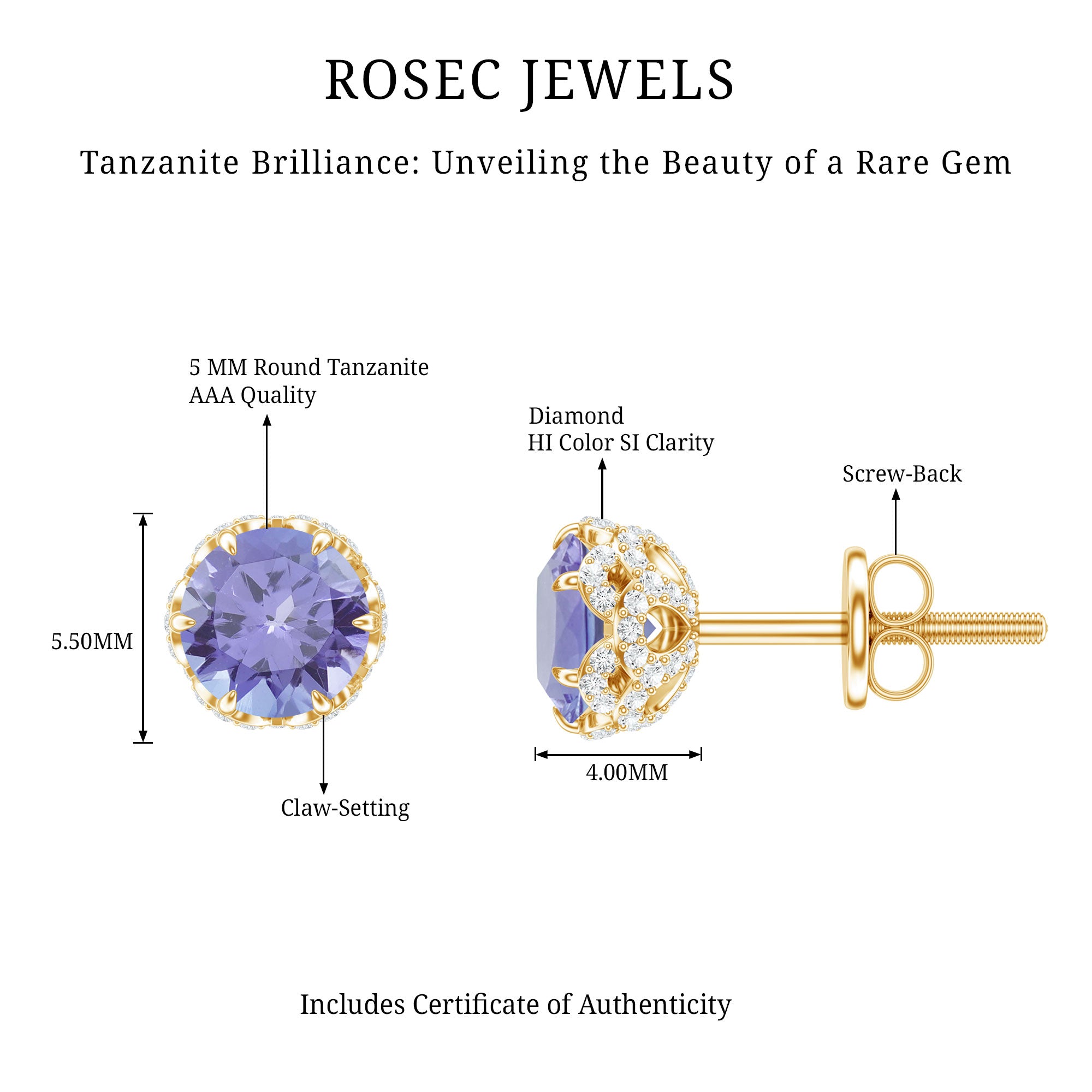1 Carat Tanzanite Designer Stud Earrings with Diamond for Women AAA - Rosec Jewels