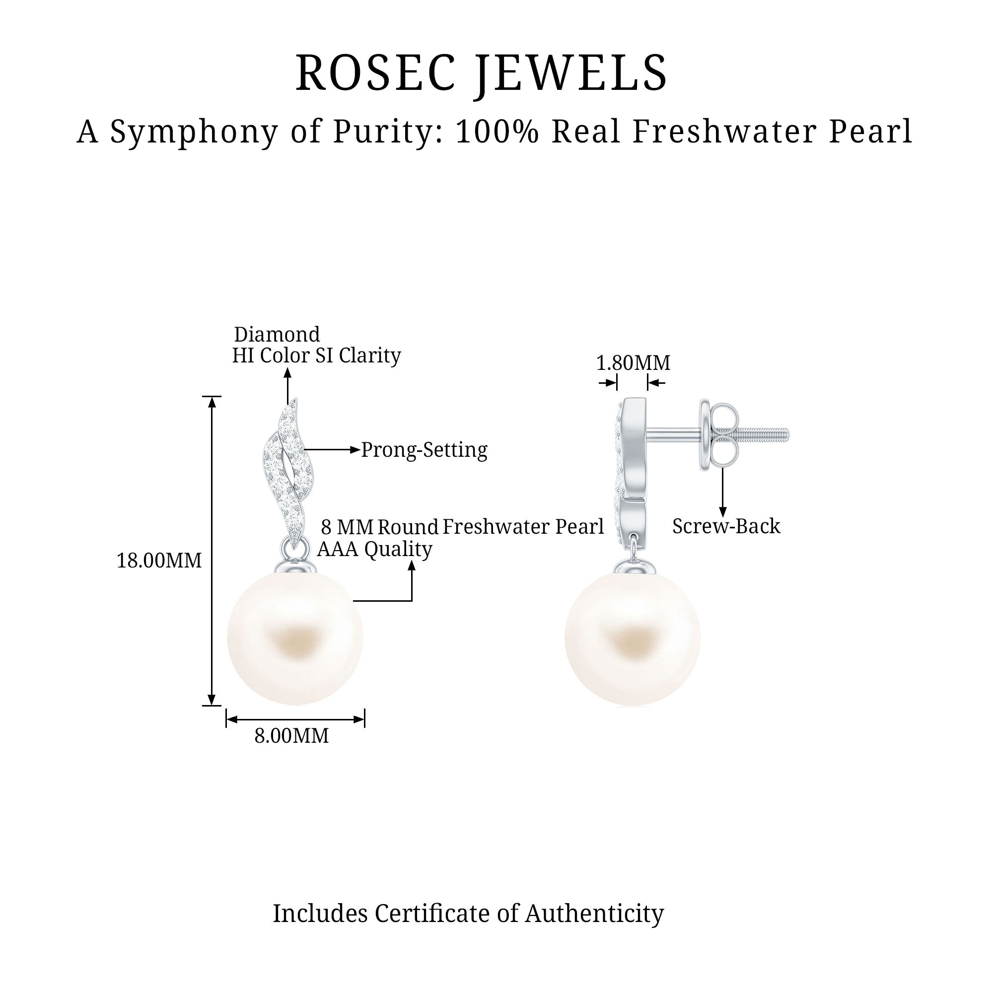 Genuine 15 Carat Freshwater Pearl and Diamond Drop Earrings with Certificate AAA - Rosec Jewels