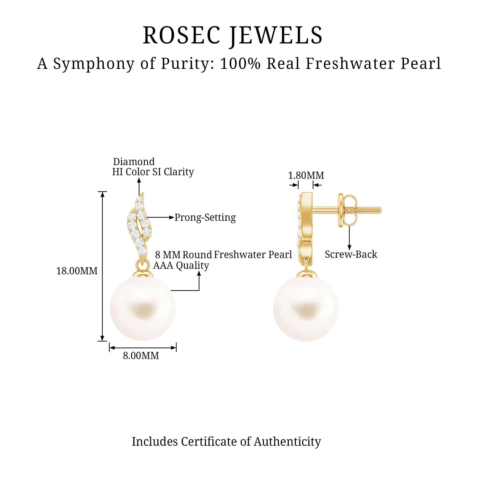 Genuine 15 Carat Freshwater Pearl and Diamond Drop Earrings with Certificate AAA - Rosec Jewels