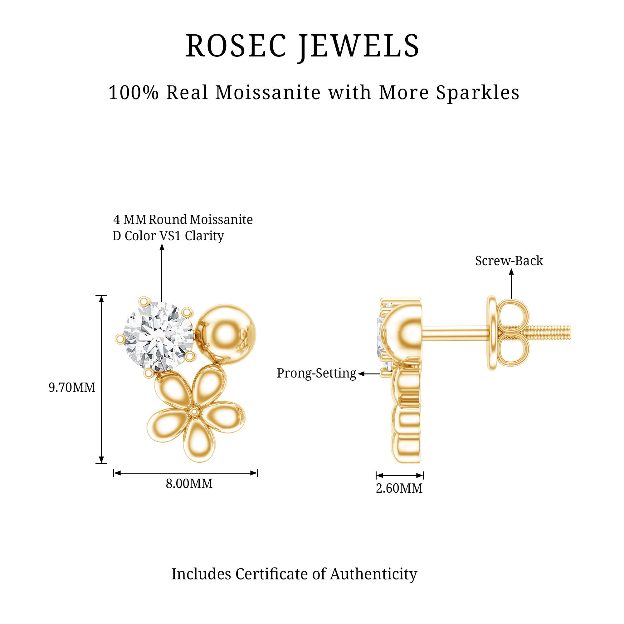Round Cut Moissanite Flower Stud Earrings with Screw Backs D-VS1 - Rosec Jewels