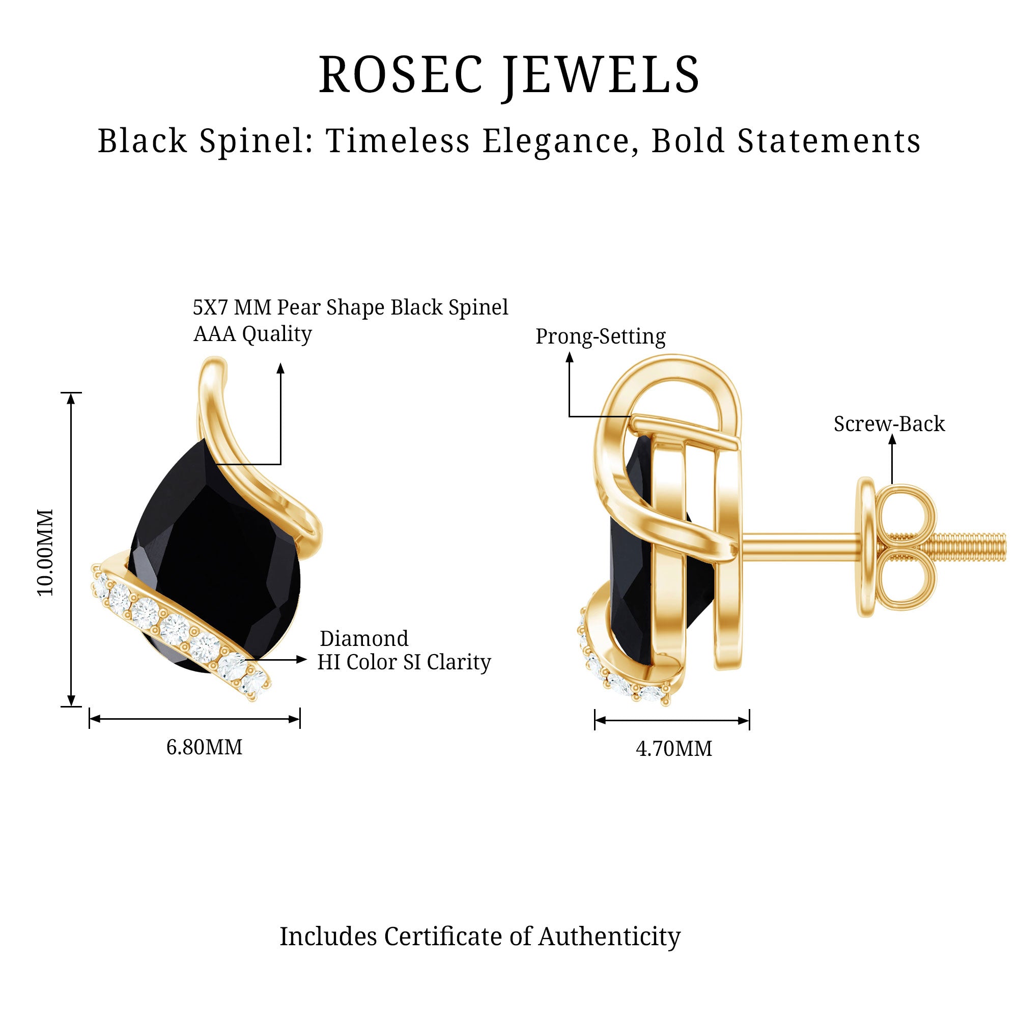 1.2 Carat Natural Black Spinel Teardrop Stud Earrings with Diamond AAA - Rosec Jewels