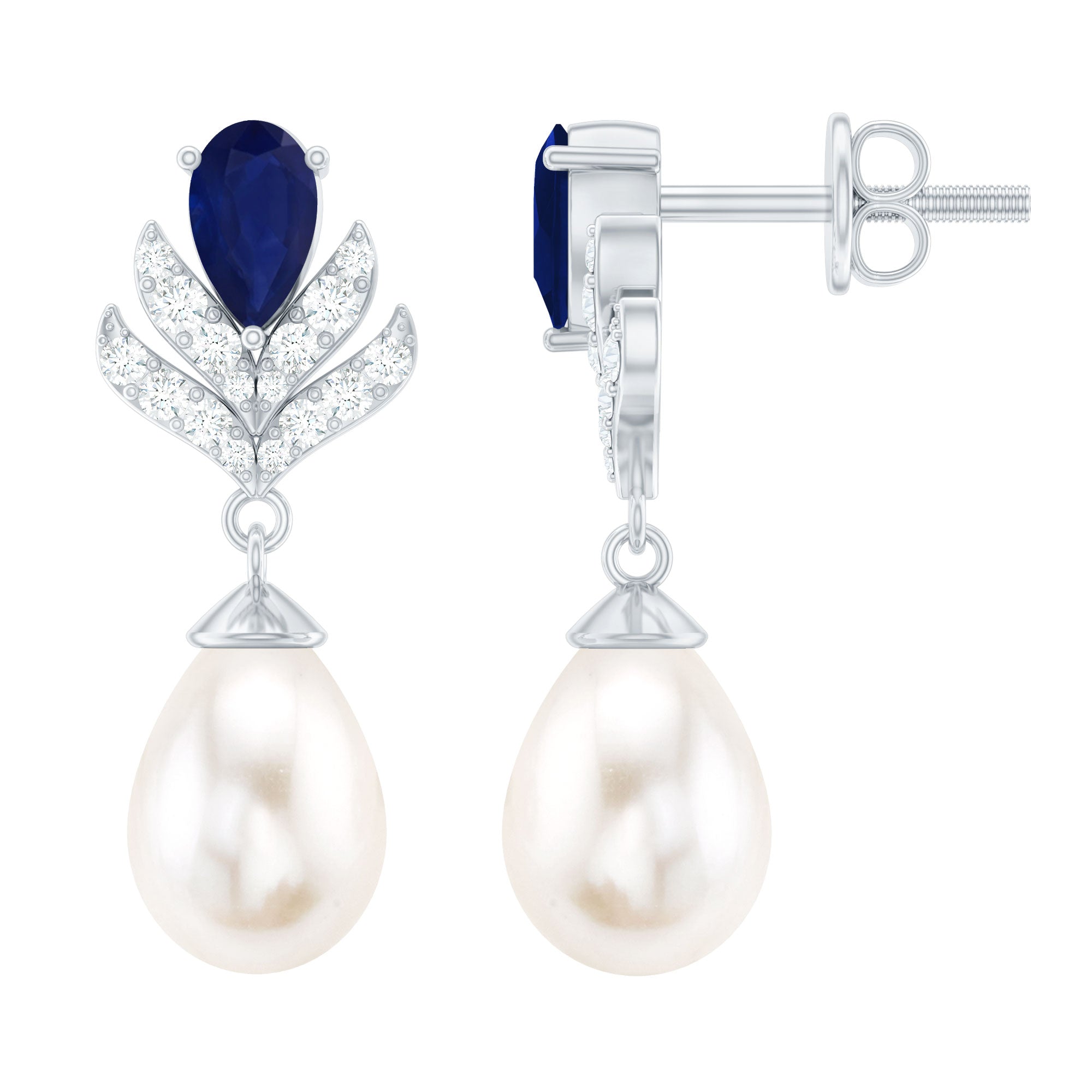 Freshwater Pearl and Blue Sapphire Teardrop Earrings with Moissanite