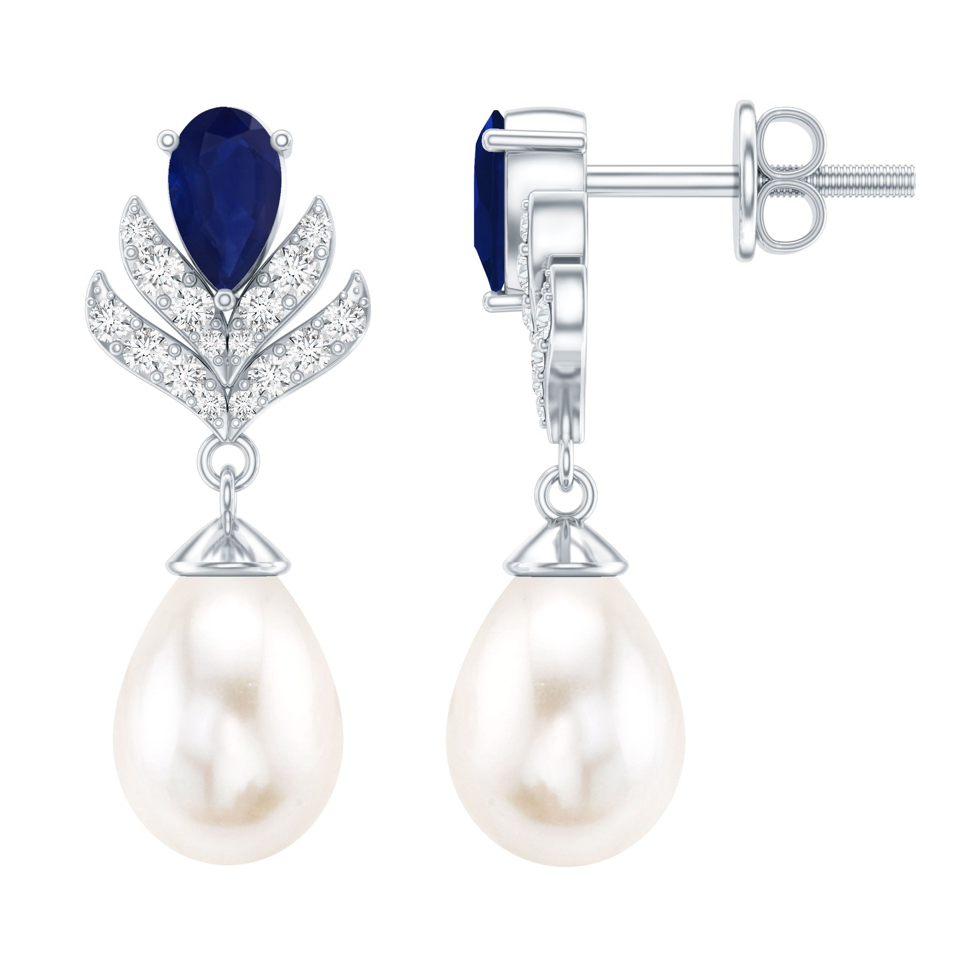 Freshwater Pearl and Blue Sapphire Teardrop Earrings with Moissanite AAA - Rosec Jewels