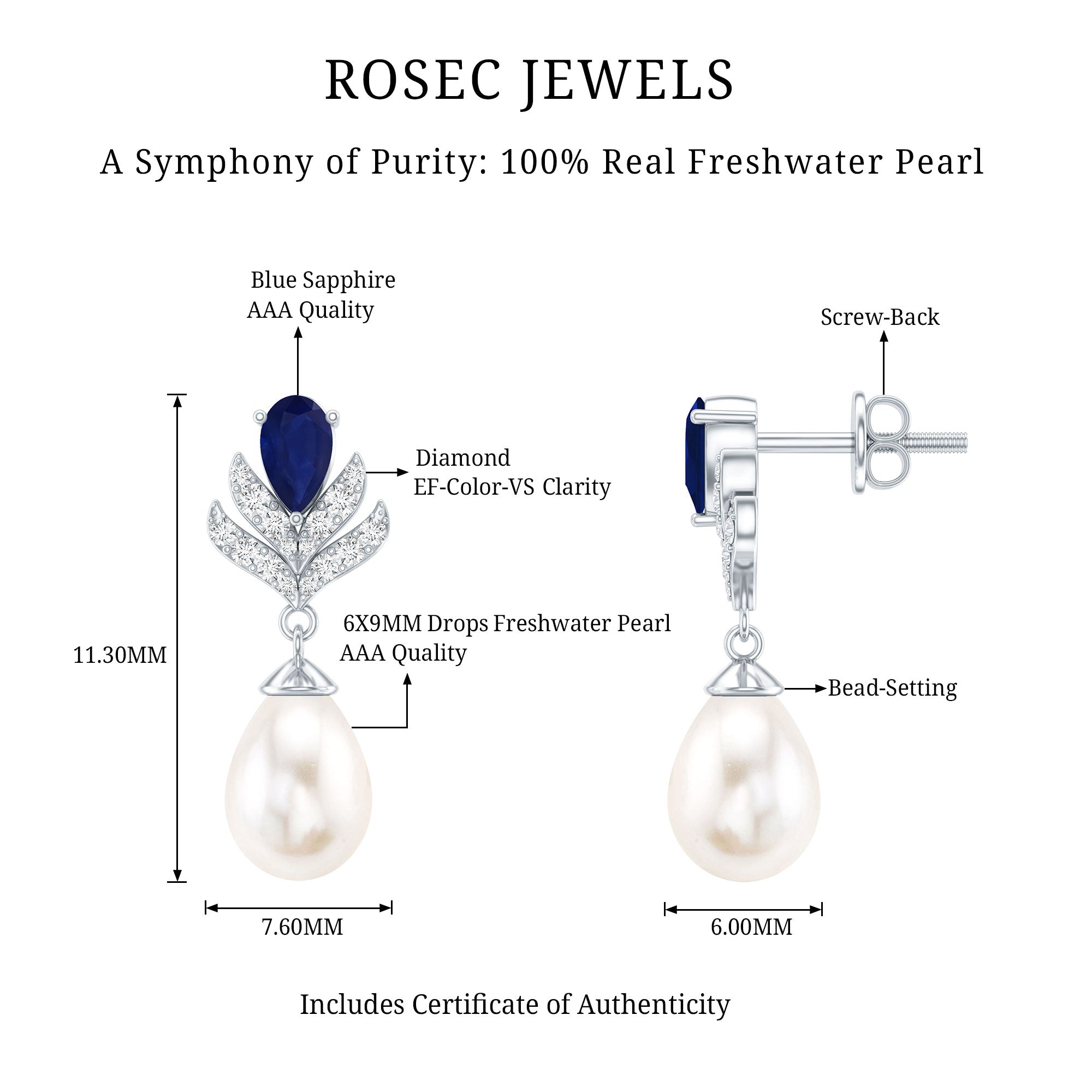 Freshwater Pearl and Blue Sapphire Teardrop Earrings with Moissanite AAA - Rosec Jewels