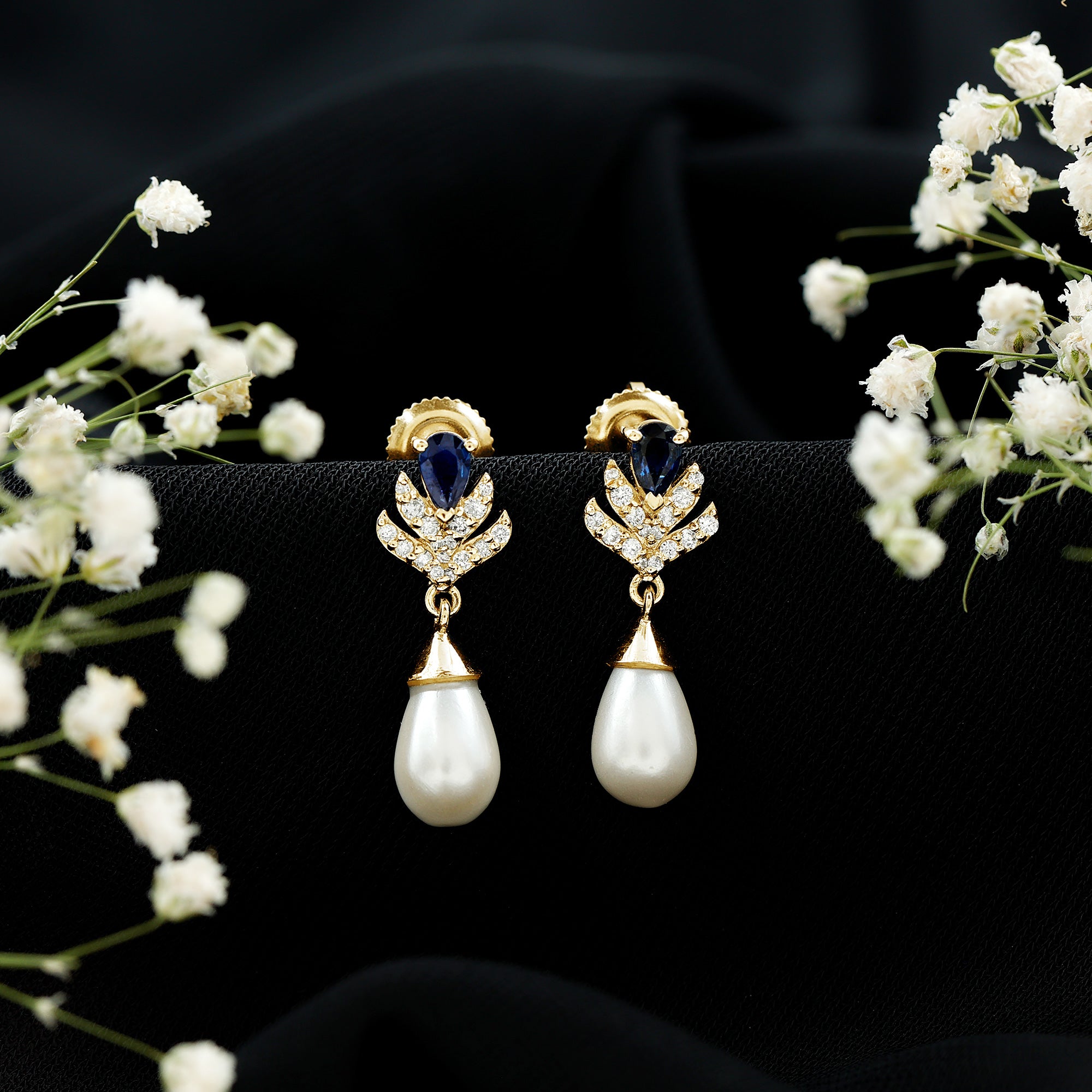 Freshwater Pearl and Blue Sapphire Teardrop Earrings with Moissanite AAA - Rosec Jewels