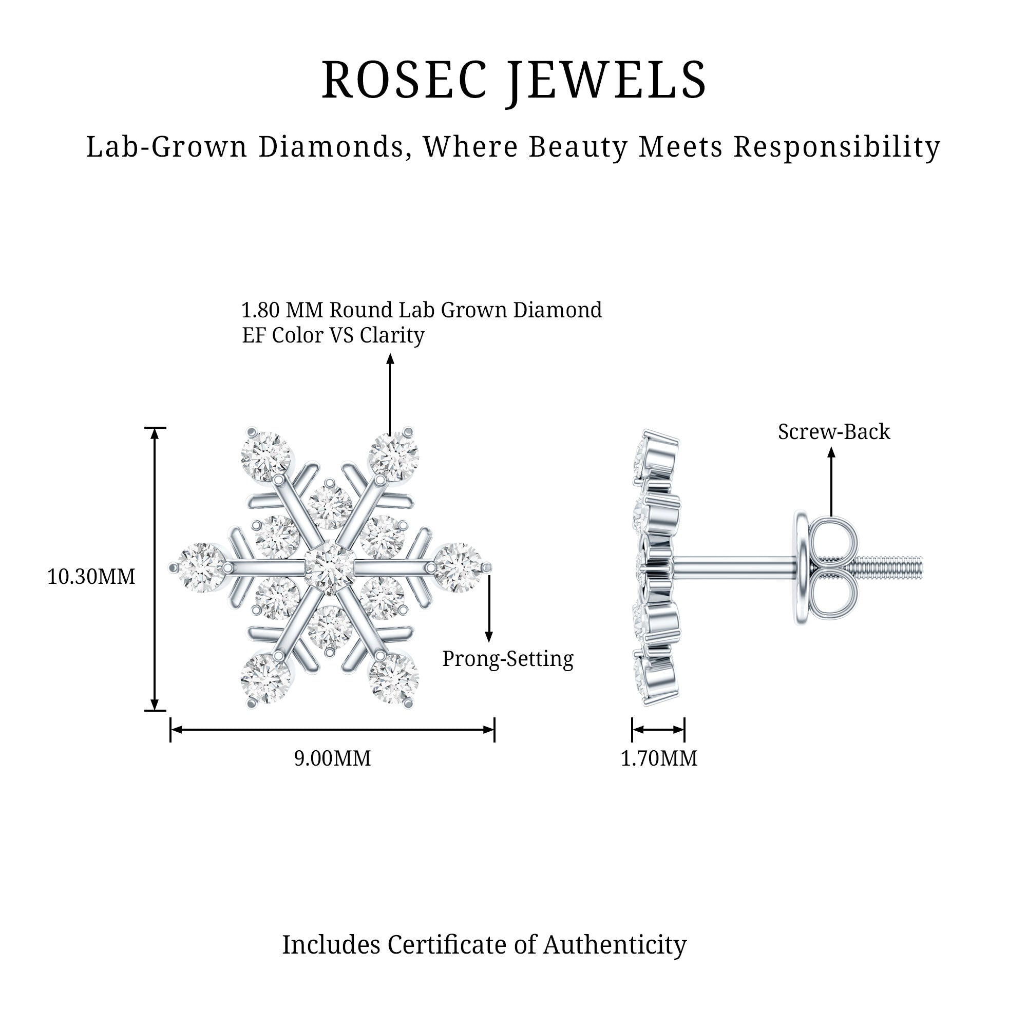 Lab Created Diamond Snowflake Stud Earrings With Screw Back Lab - ( EF-VS ) - Rosec Jewels