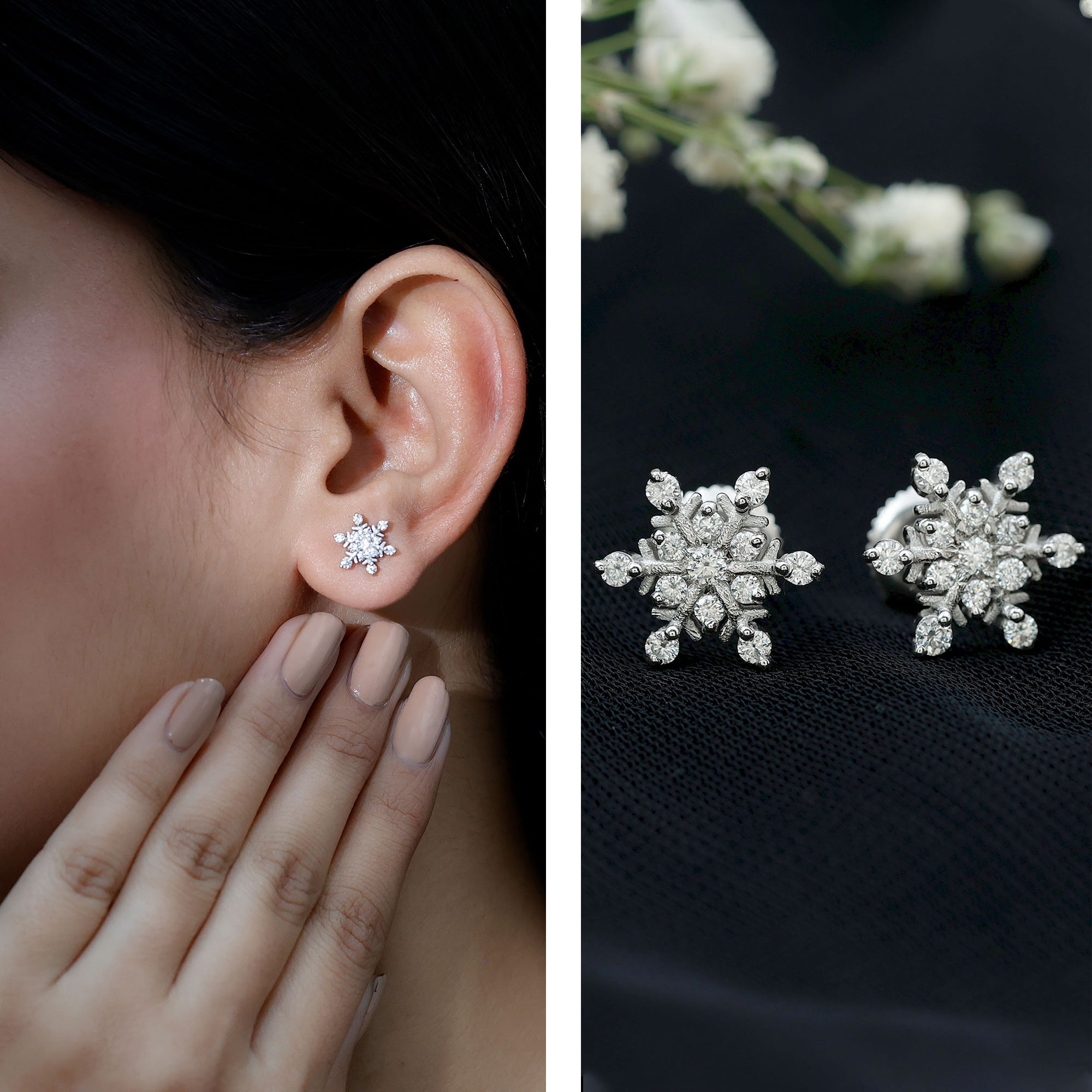 Lab Created Diamond Snowflake Stud Earrings With Screw Back Lab - ( EF-VS ) - Rosec Jewels