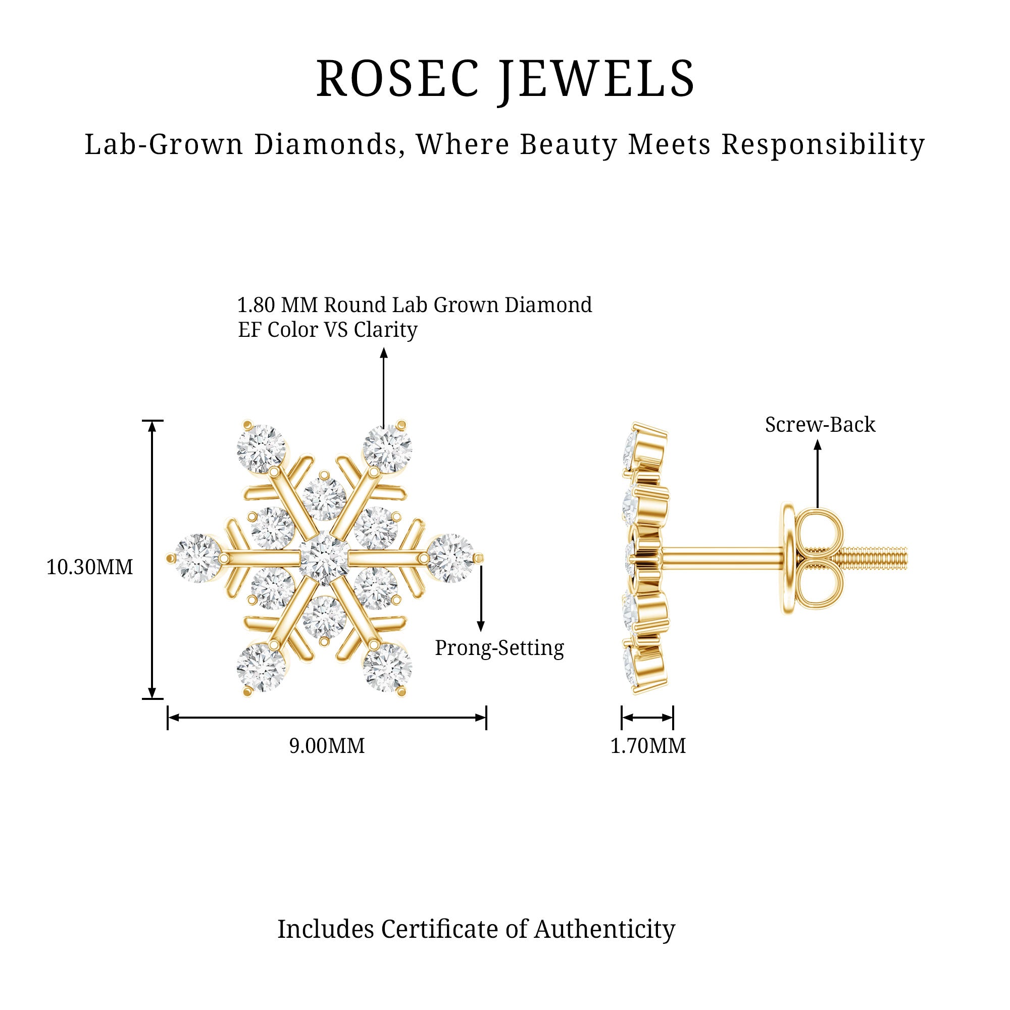 Lab Created Diamond Snowflake Stud Earrings With Screw Back Lab - ( EF-VS ) - Rosec Jewels
