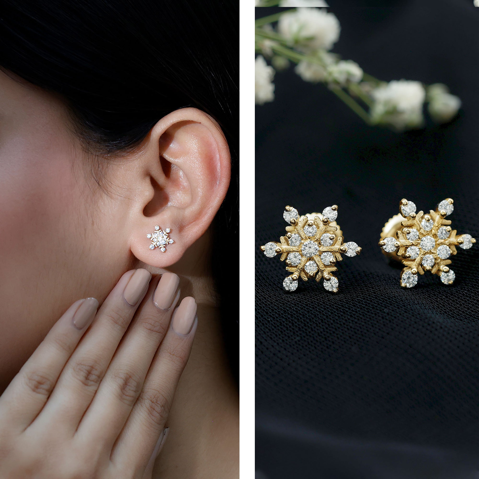 Lab Created Diamond Snowflake Stud Earrings With Screw Back Lab - ( EF-VS ) - Rosec Jewels