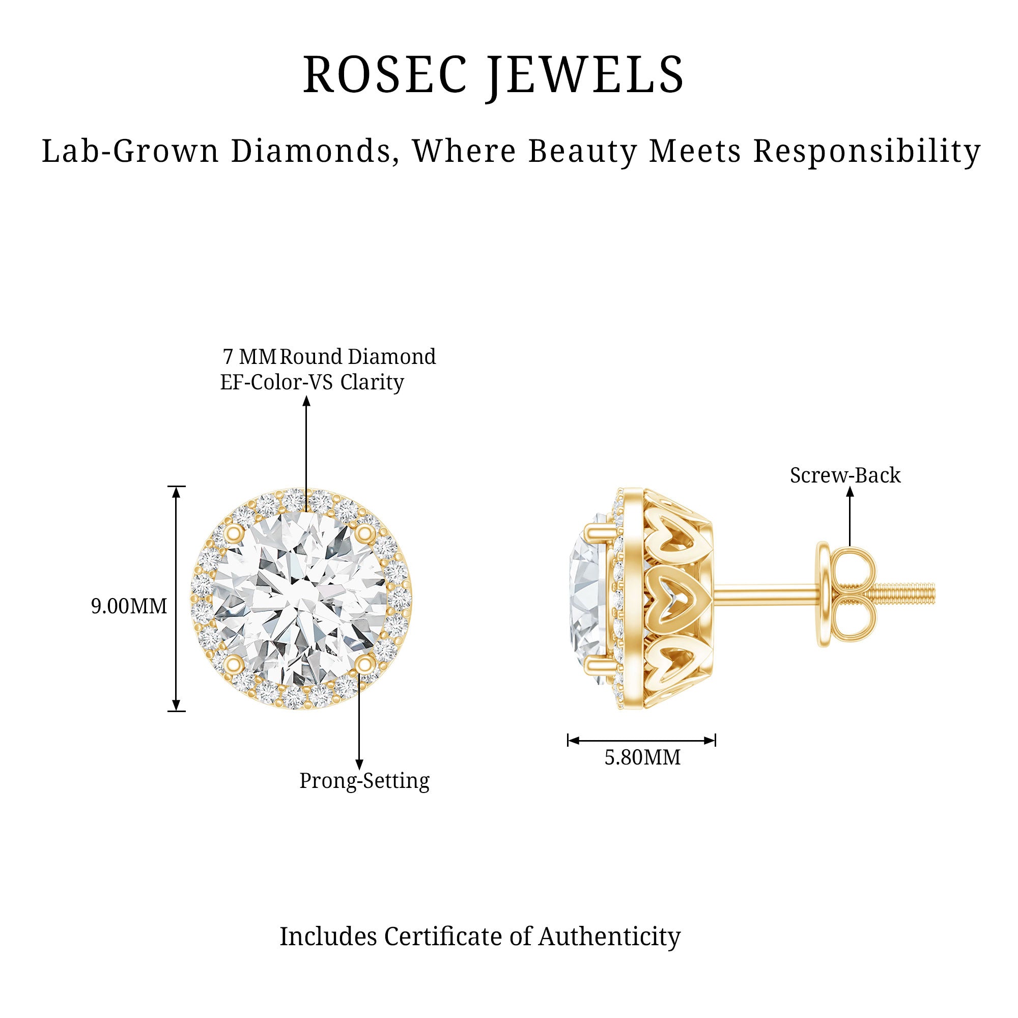 Round Halo Lab Grown Diamond Earring For Women Lab - ( EF-VS ) - Rosec Jewels