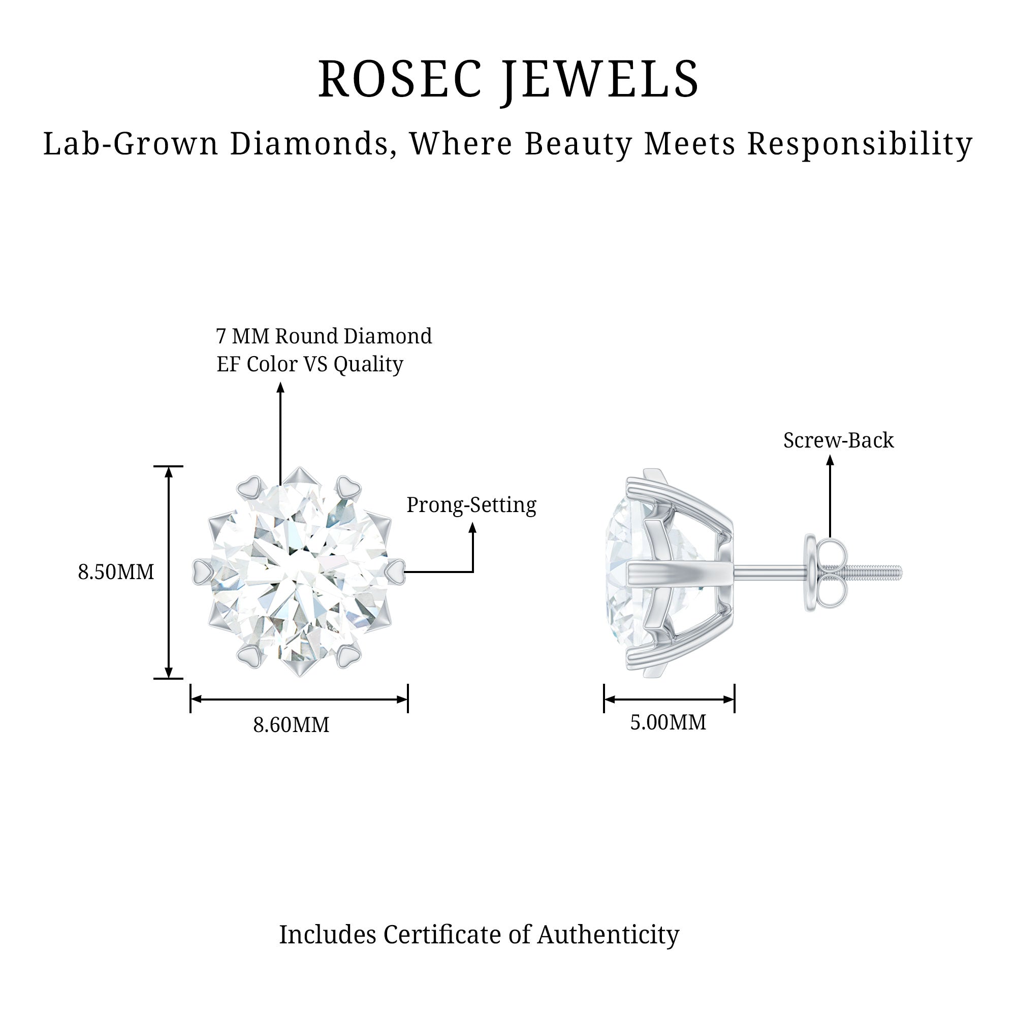 Certified 7 mm Lab Created Diamond 2 Carat Earrings Lab - ( EF-VS ) - Rosec Jewels