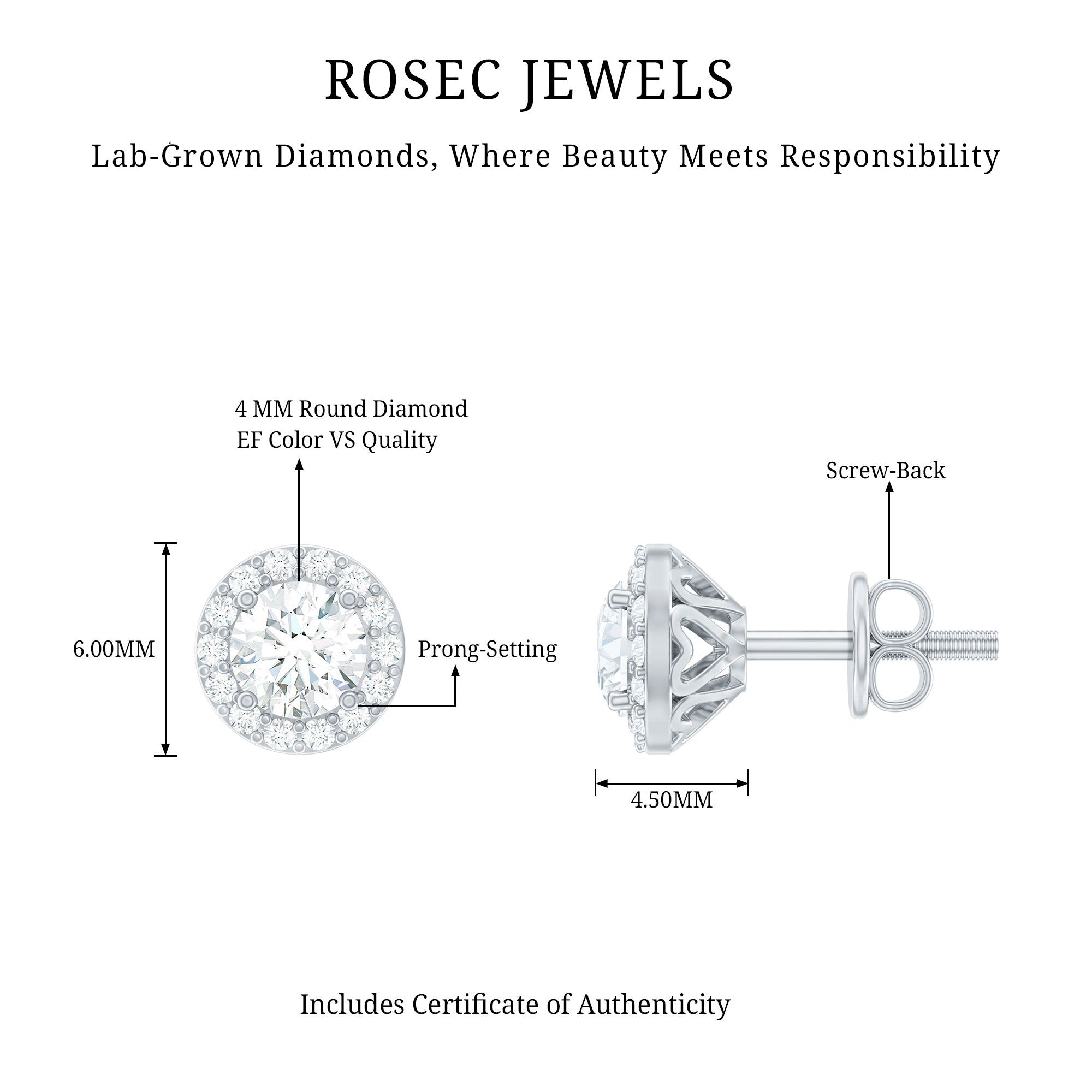 0.64 CTW Lab Grown Diamond Halo Stud Earrings (4mm, Screw Back) Lab - ( EF-VS ) - Rosec Jewels