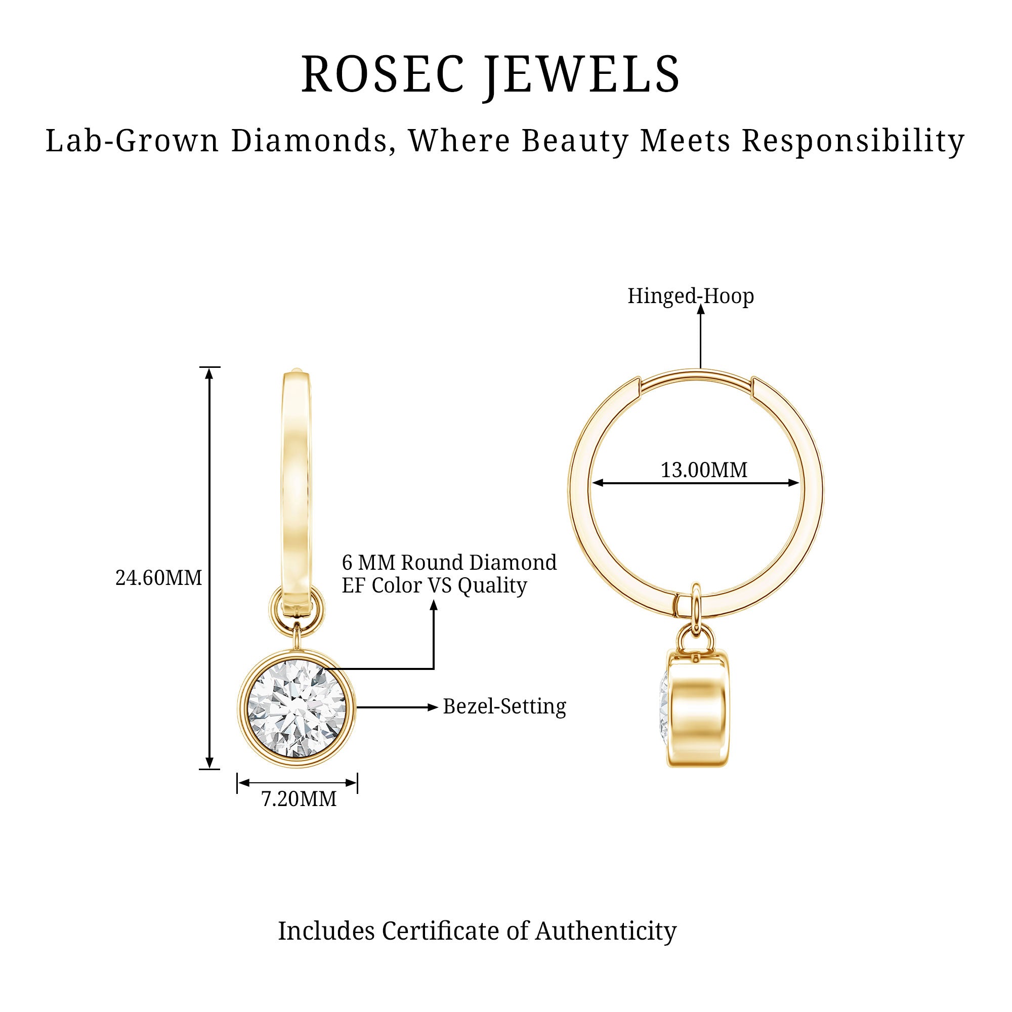 Bezel Set Lab Grown Diamond Drop Earrings for Women Lab - ( EF-VS ) - Rosec Jewels