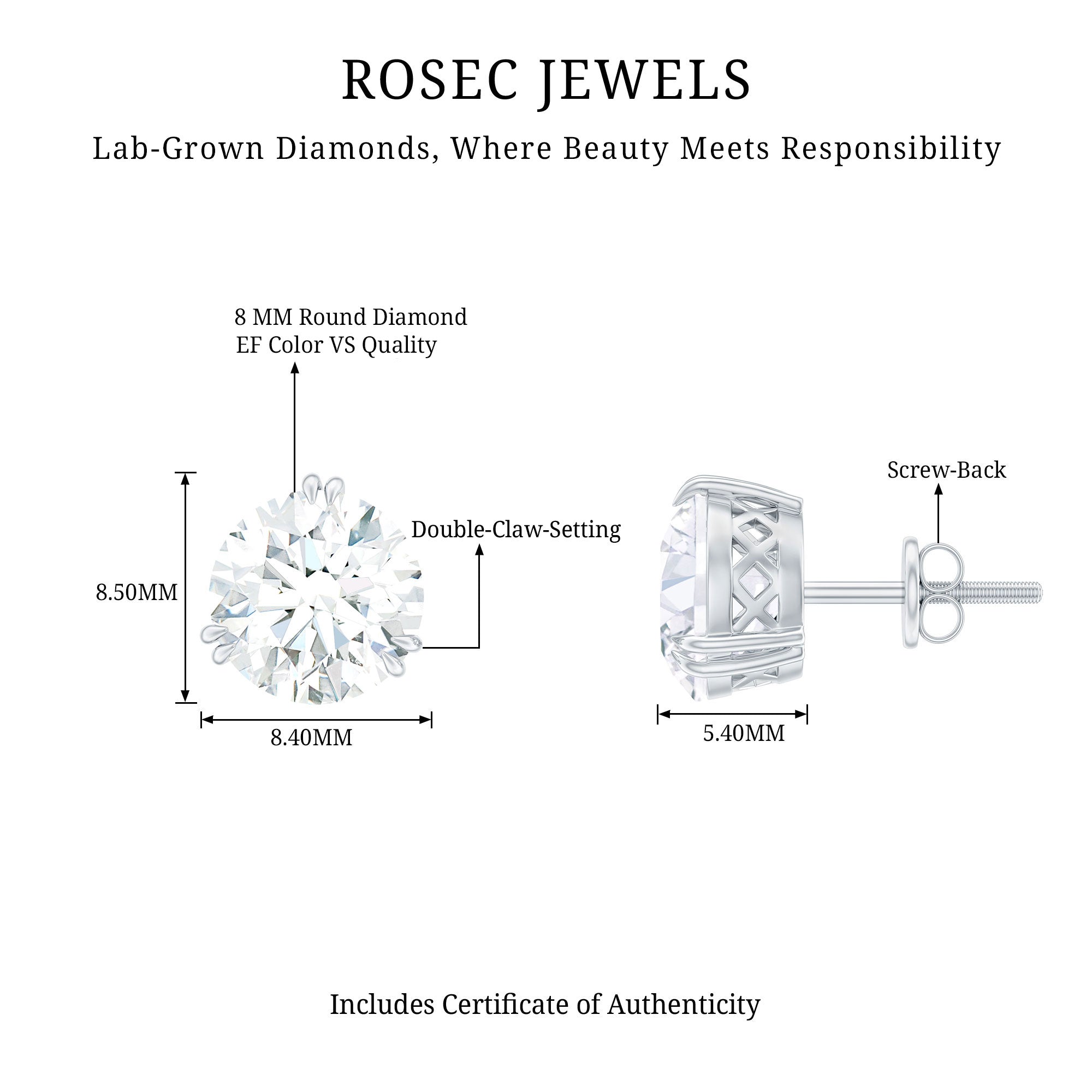 Certified 8mm Round Diamond Studs with Screw Back Lab - ( EF-VS ) - Rosec Jewels