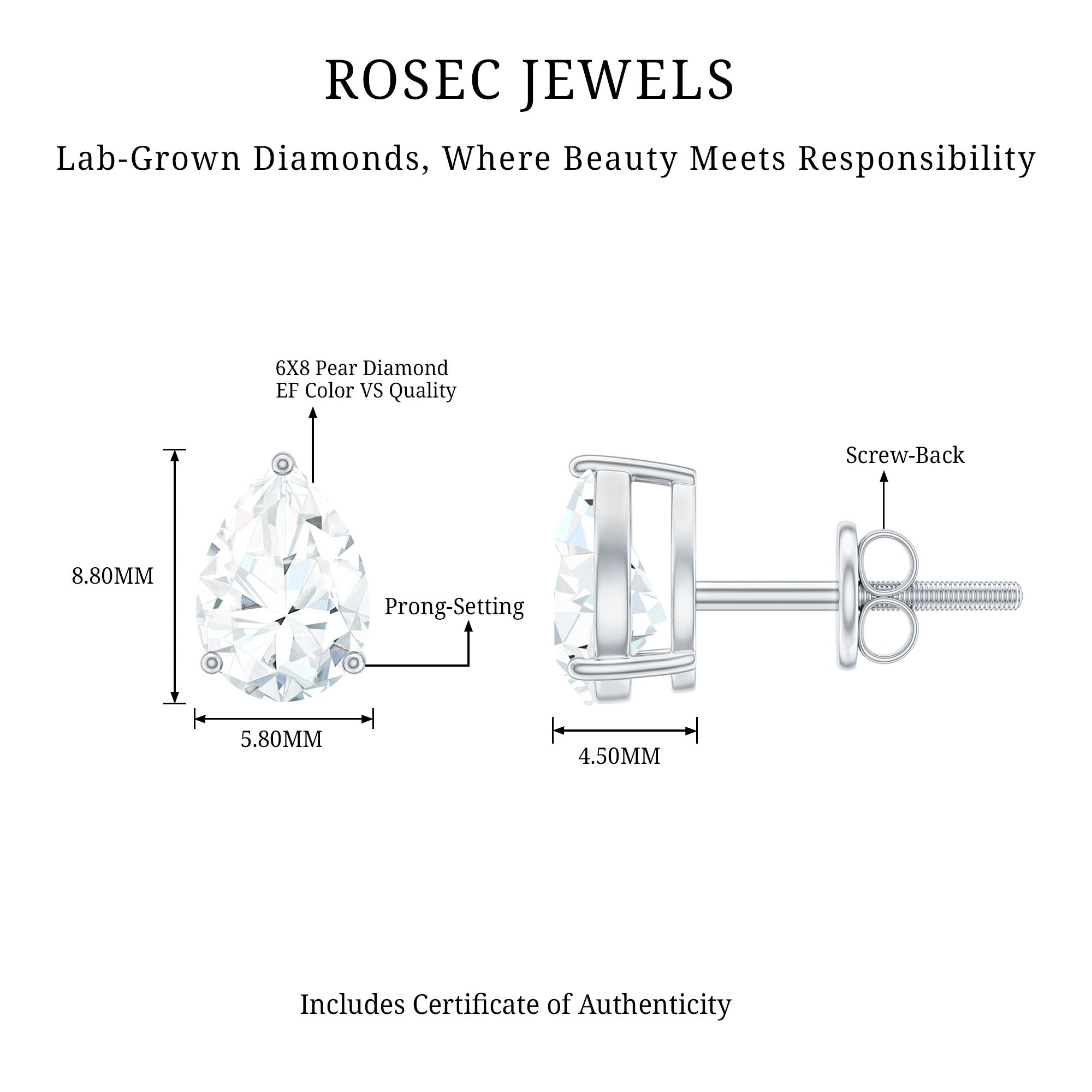 Certified 2 Carat Diamond Teardrop Earrings With Screw Back Lab - ( EF-VS ) - Rosec Jewels