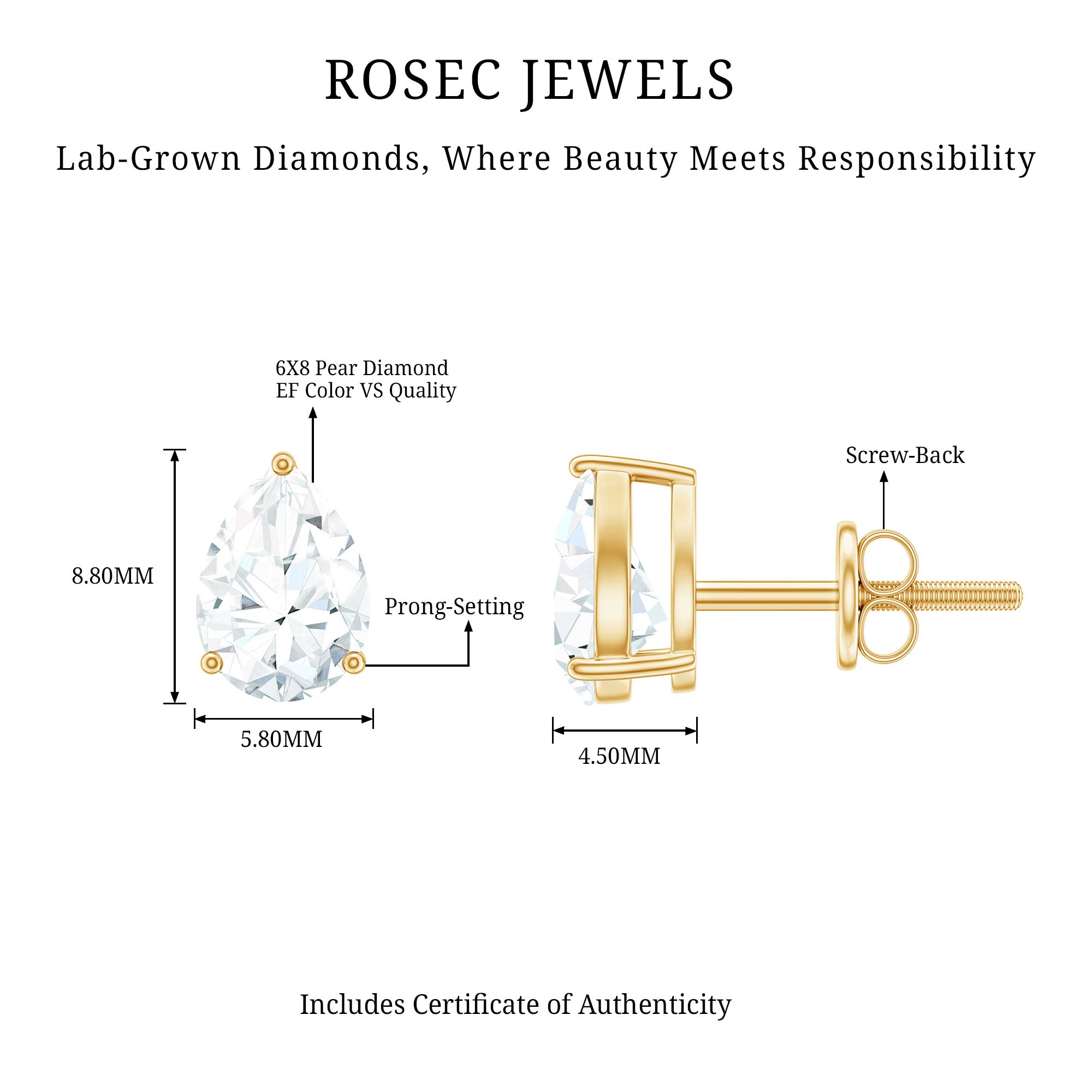 Certified 2 Carat Diamond Teardrop Earrings With Screw Back Lab - ( EF-VS ) - Rosec Jewels