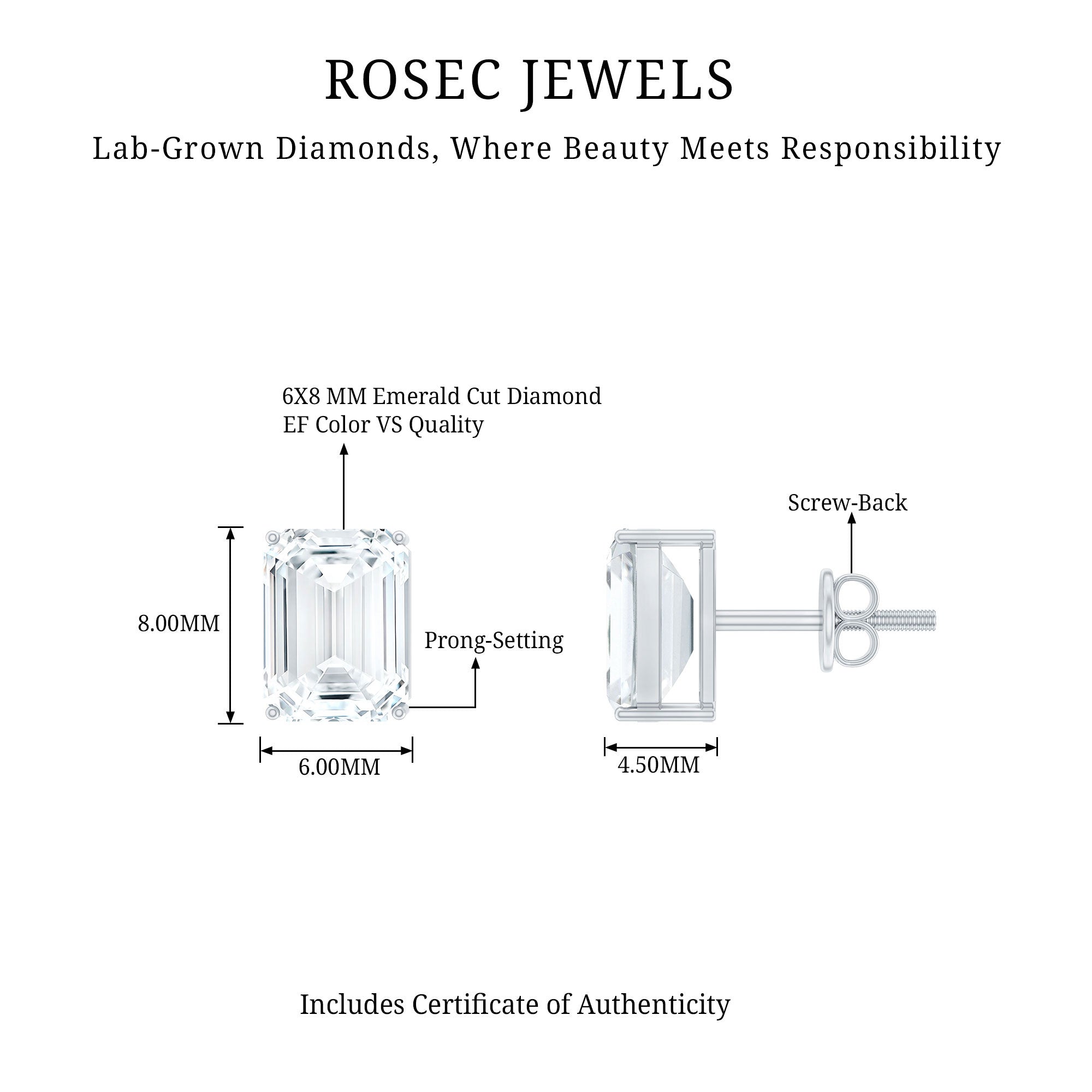 Emerald Cut Lab Created Diamond Stud Earrings Lab - ( EF-VS ) - Rosec Jewels