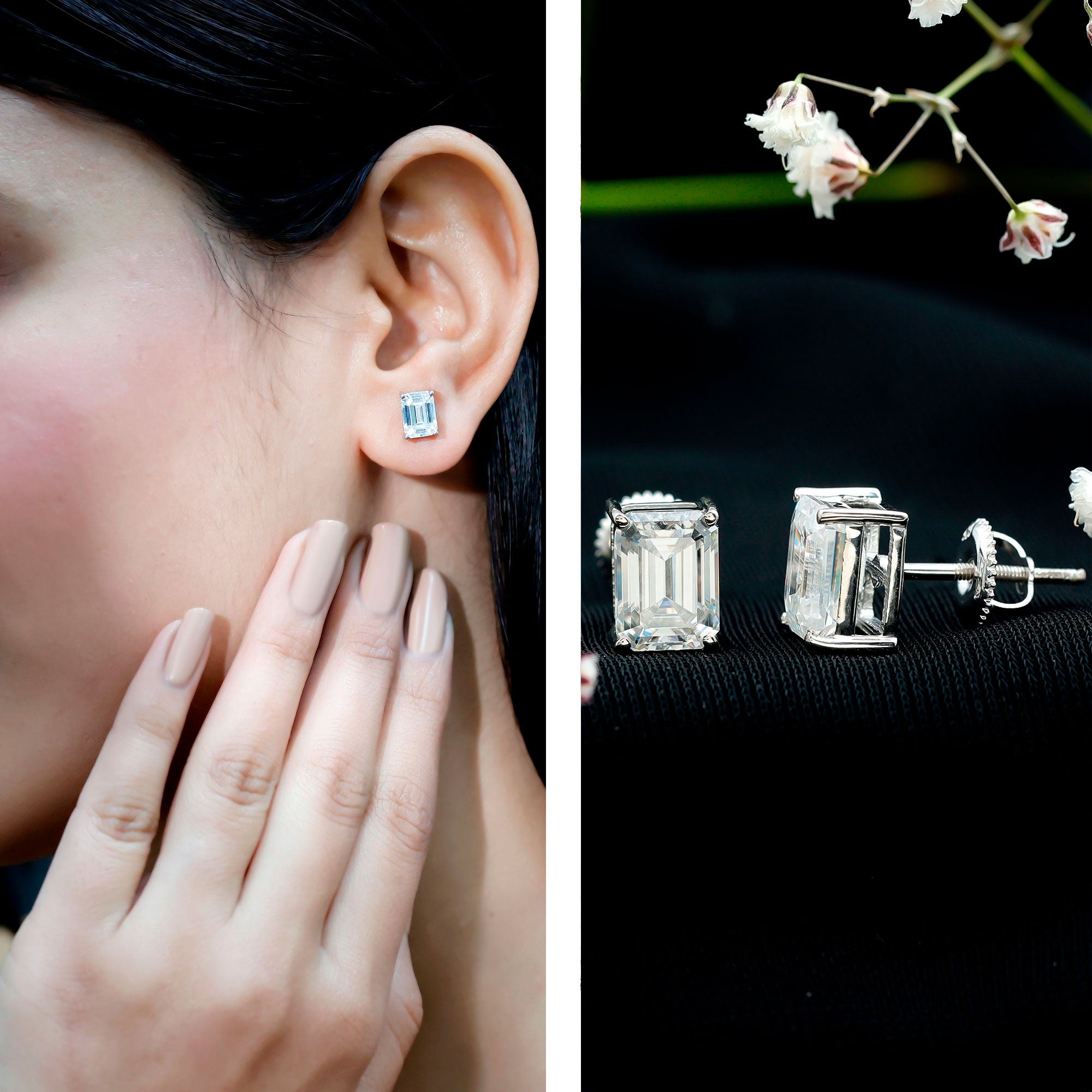 Emerald Cut Lab Created Diamond Stud Earrings Lab - ( EF-VS ) - Rosec Jewels