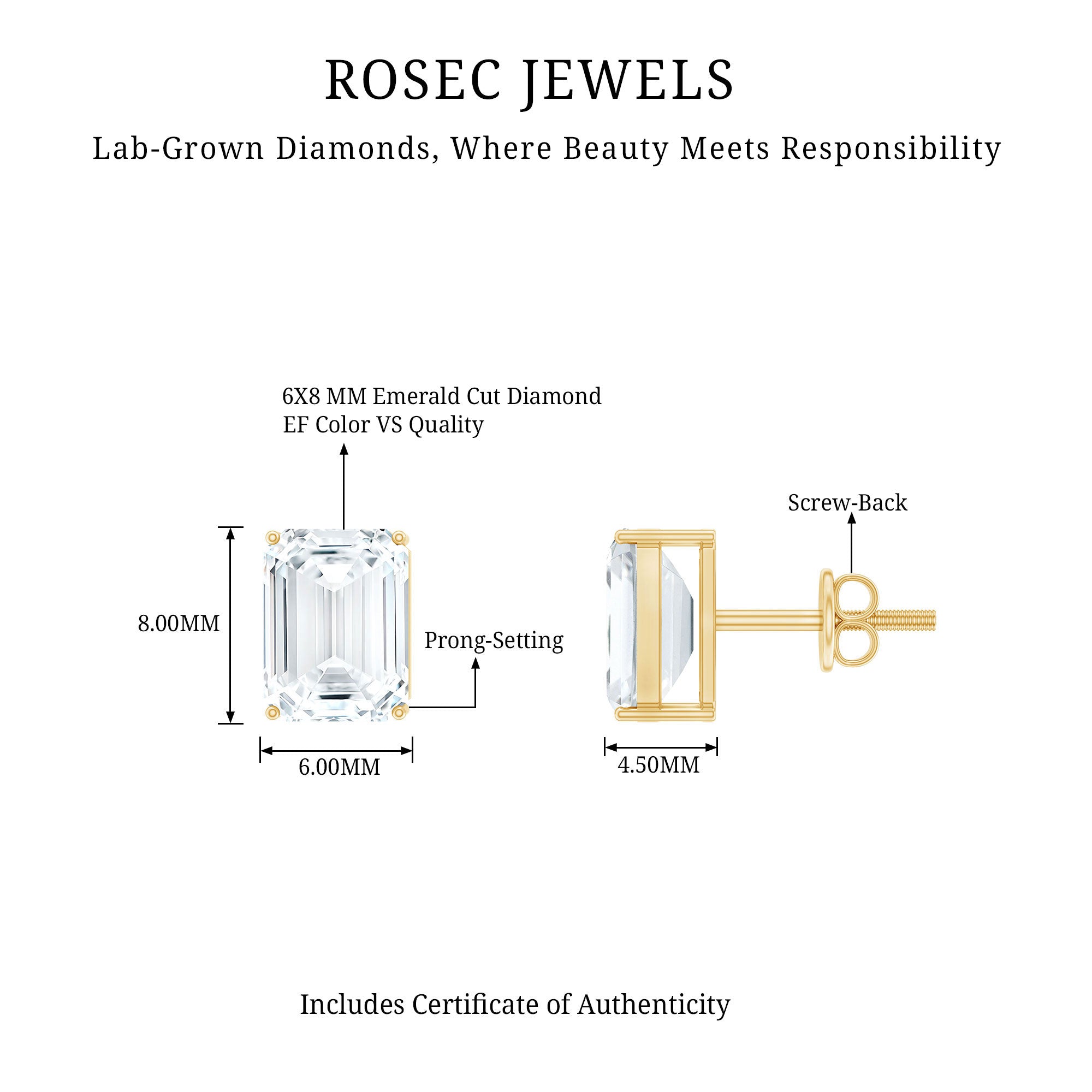 Emerald Cut Lab Created Diamond Stud Earrings Lab - ( EF-VS ) - Rosec Jewels