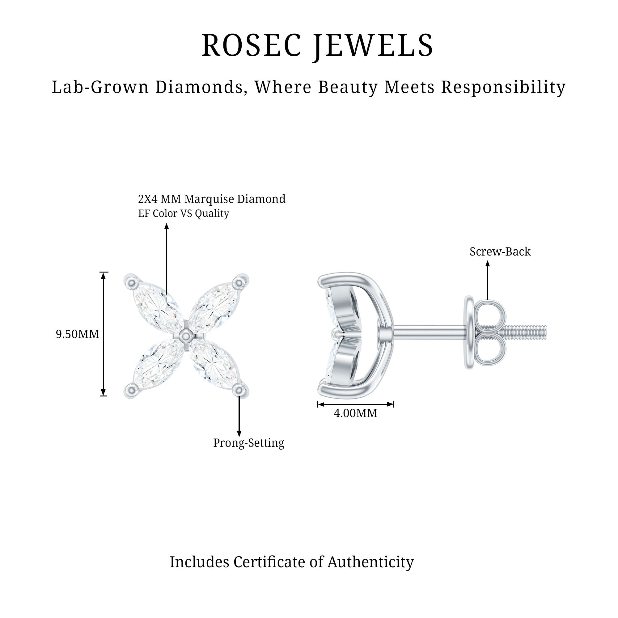 Certified Lab Grown Diamond Flower Earrings With Screw Back Lab - ( EF-VS ) - Rosec Jewels