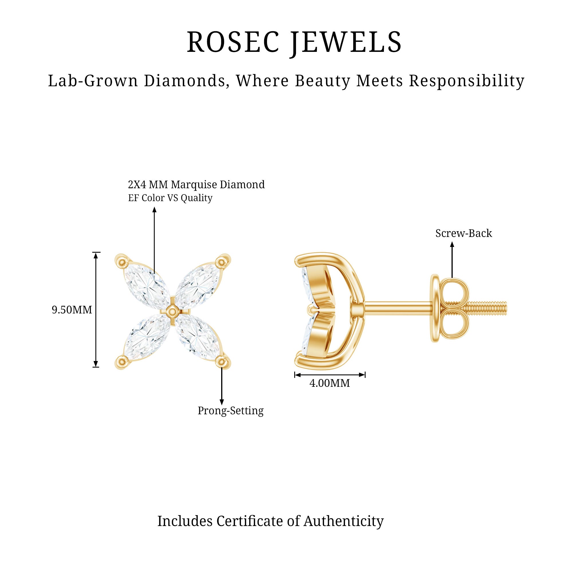 Rosec Jewels-Certified Lab Grown Diamond Flower Earrings With Screw Back