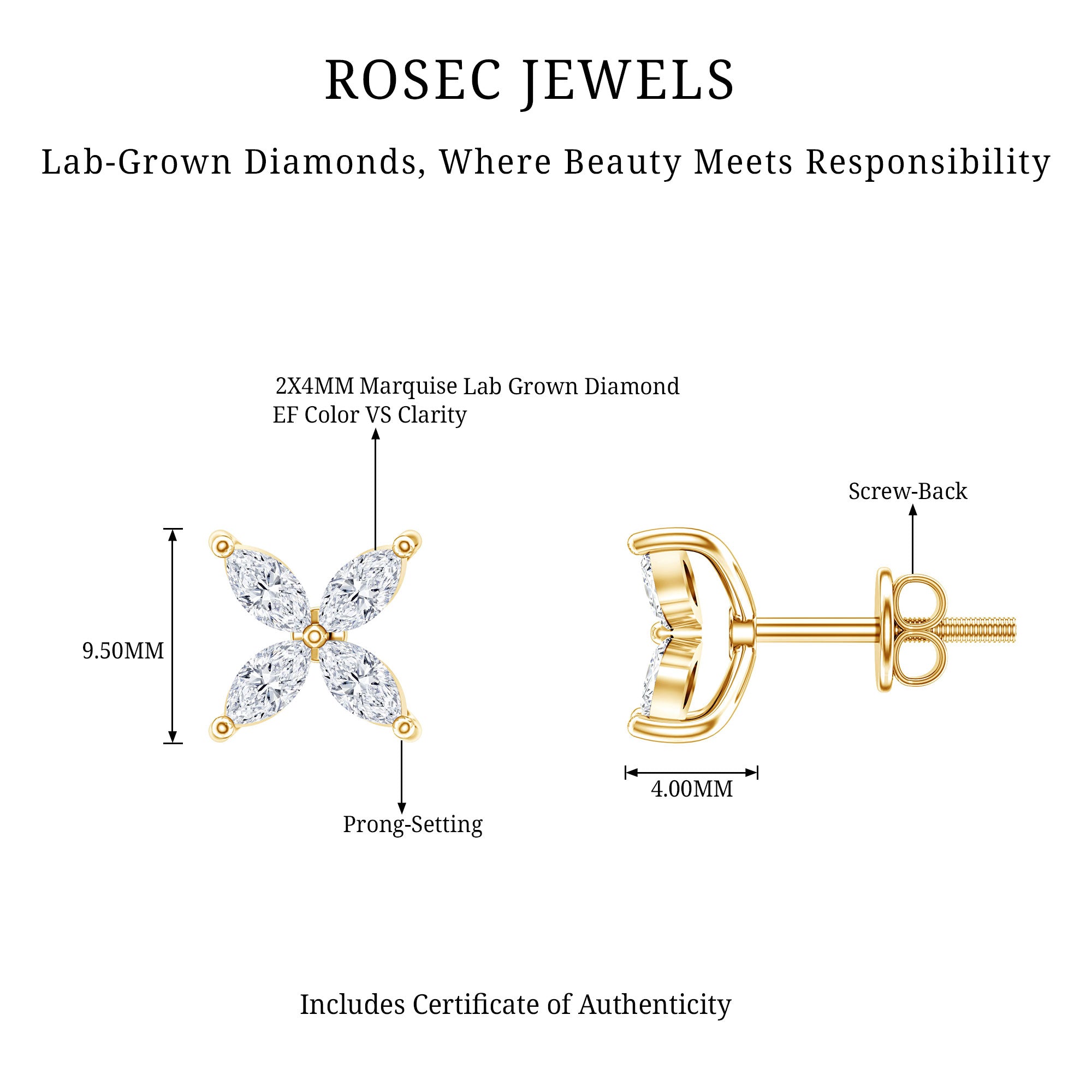 Certified Lab Grown Diamond Flower Earrings With Screw Back Lab - ( EF-VS ) - Rosec Jewels