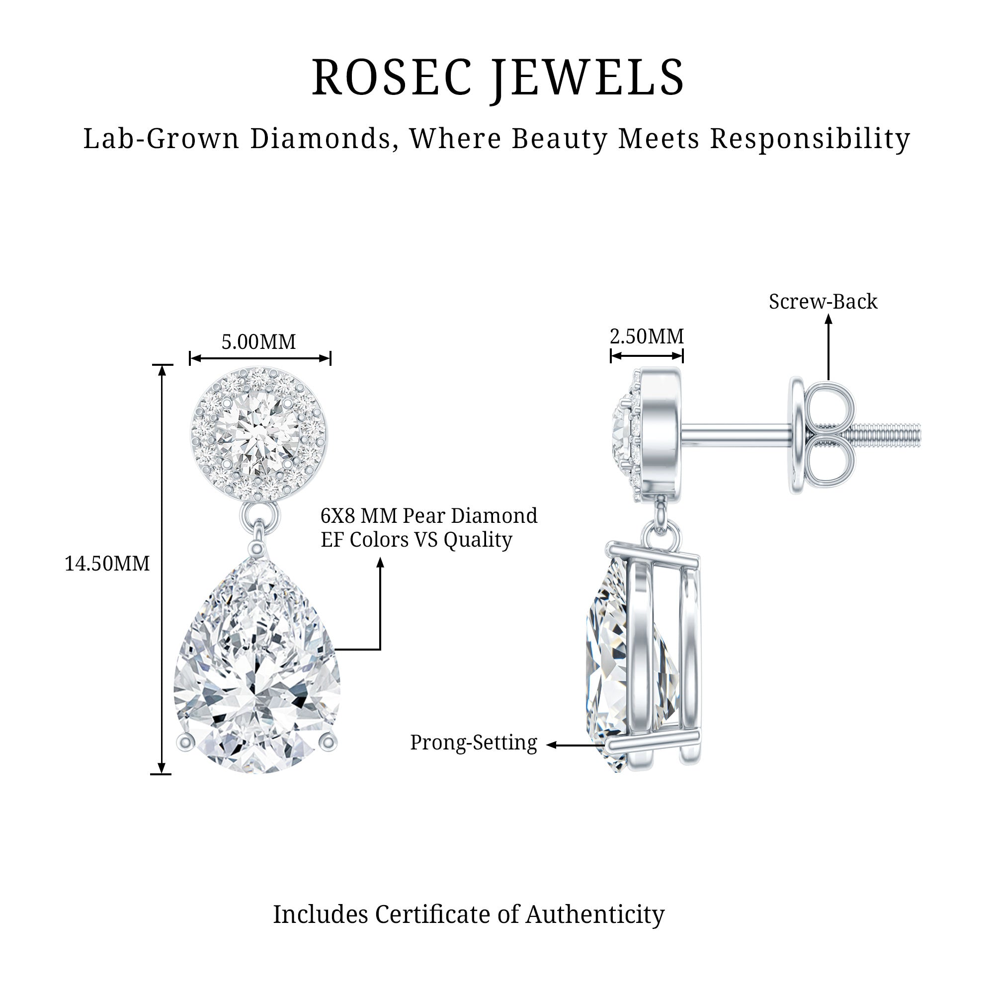 Certified Lab Grown Diamond Dangling Bridal Earrings Lab - ( EF-VS ) - Rosec Jewels