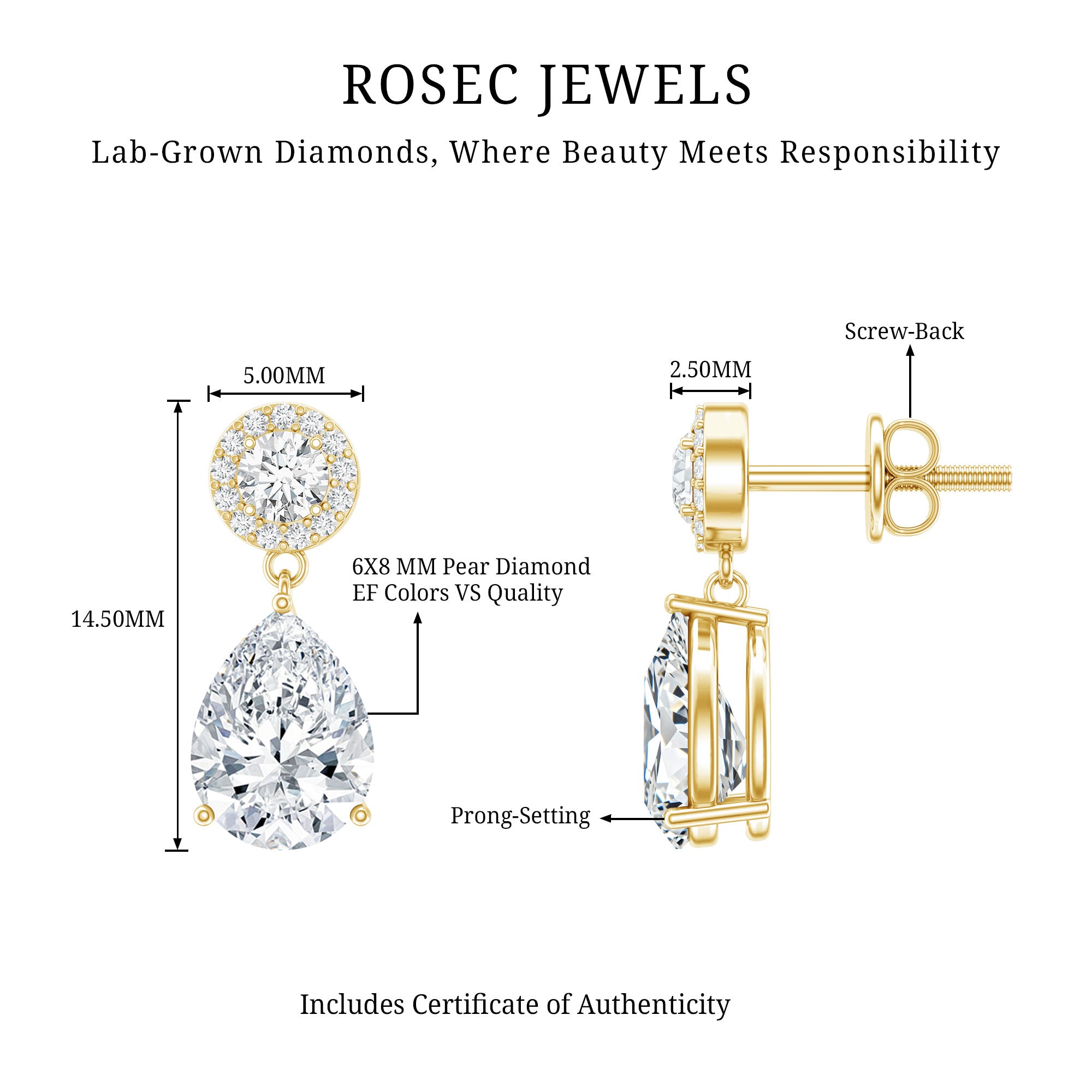 Certified Lab Grown Diamond Dangling Bridal Earrings Lab - ( EF-VS ) - Rosec Jewels