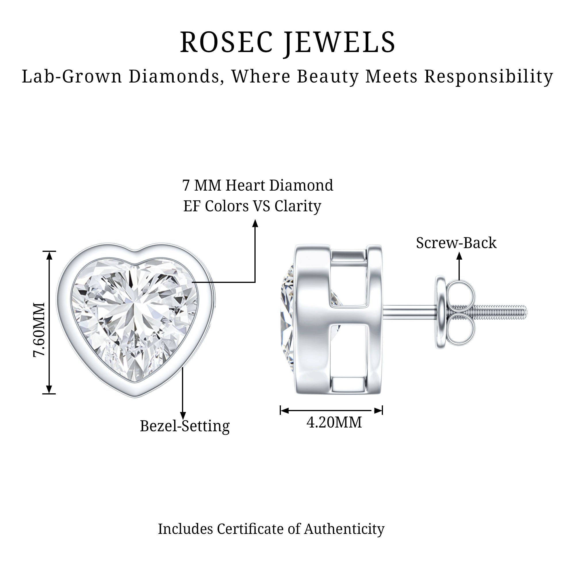 Certified Bezel Set 7mm Lab Grown Diamond Heart Earrings Lab - ( EF-VS ) - Rosec Jewels
