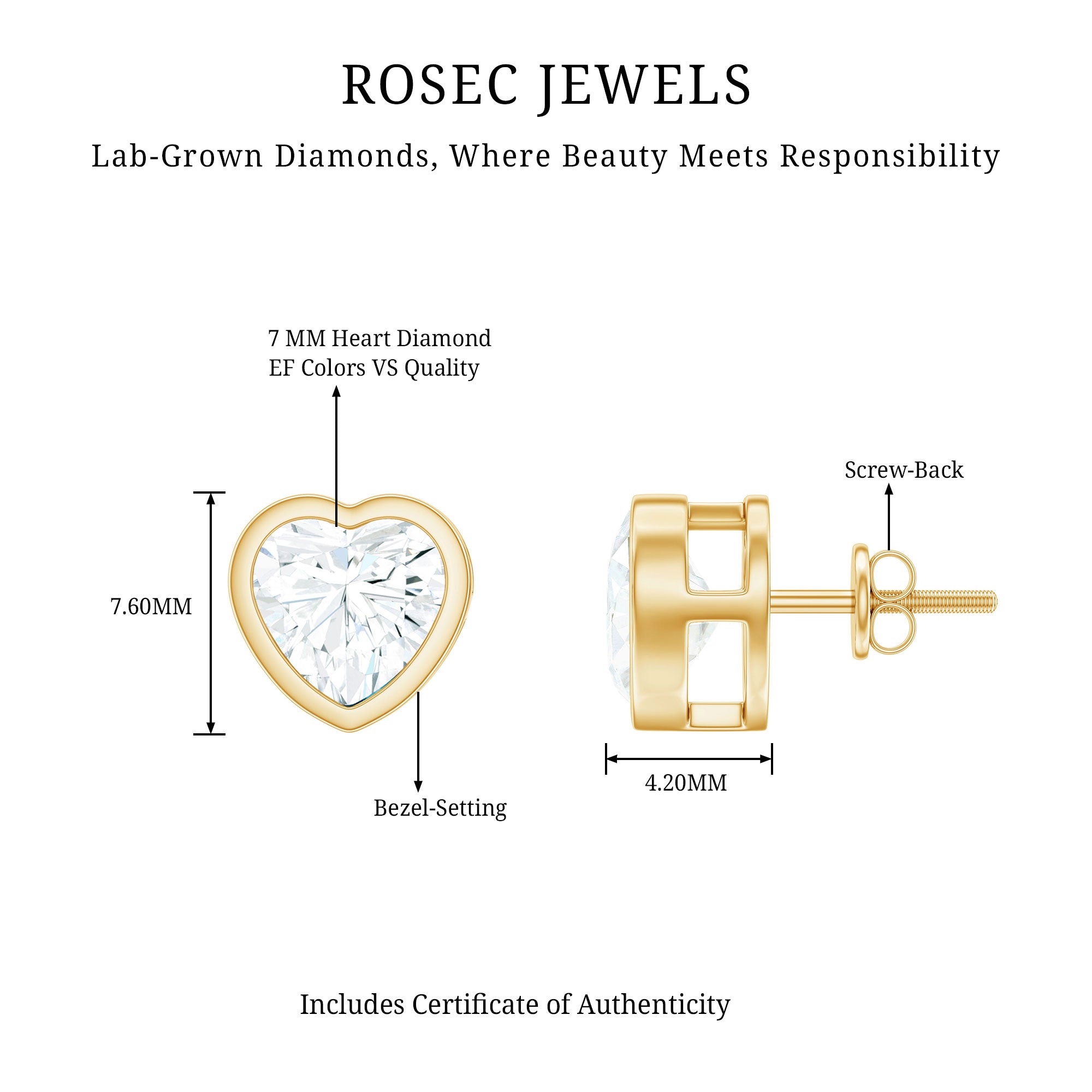 Rosec Jewels-Certified Bezel Set 7mm Lab Grown Diamond Heart Earrings