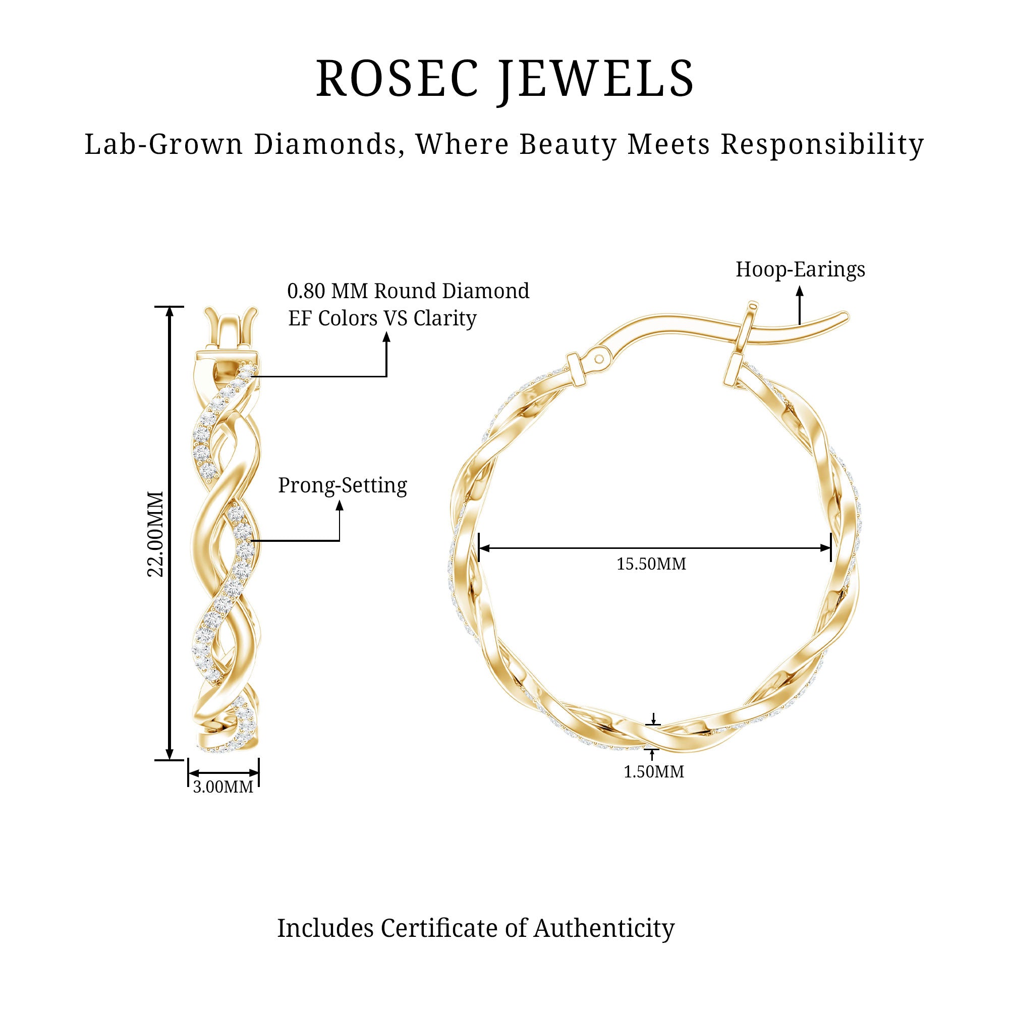 Certified Lab Created Diamond Hoops for Women Lab - ( EF-VS ) - Rosec Jewels